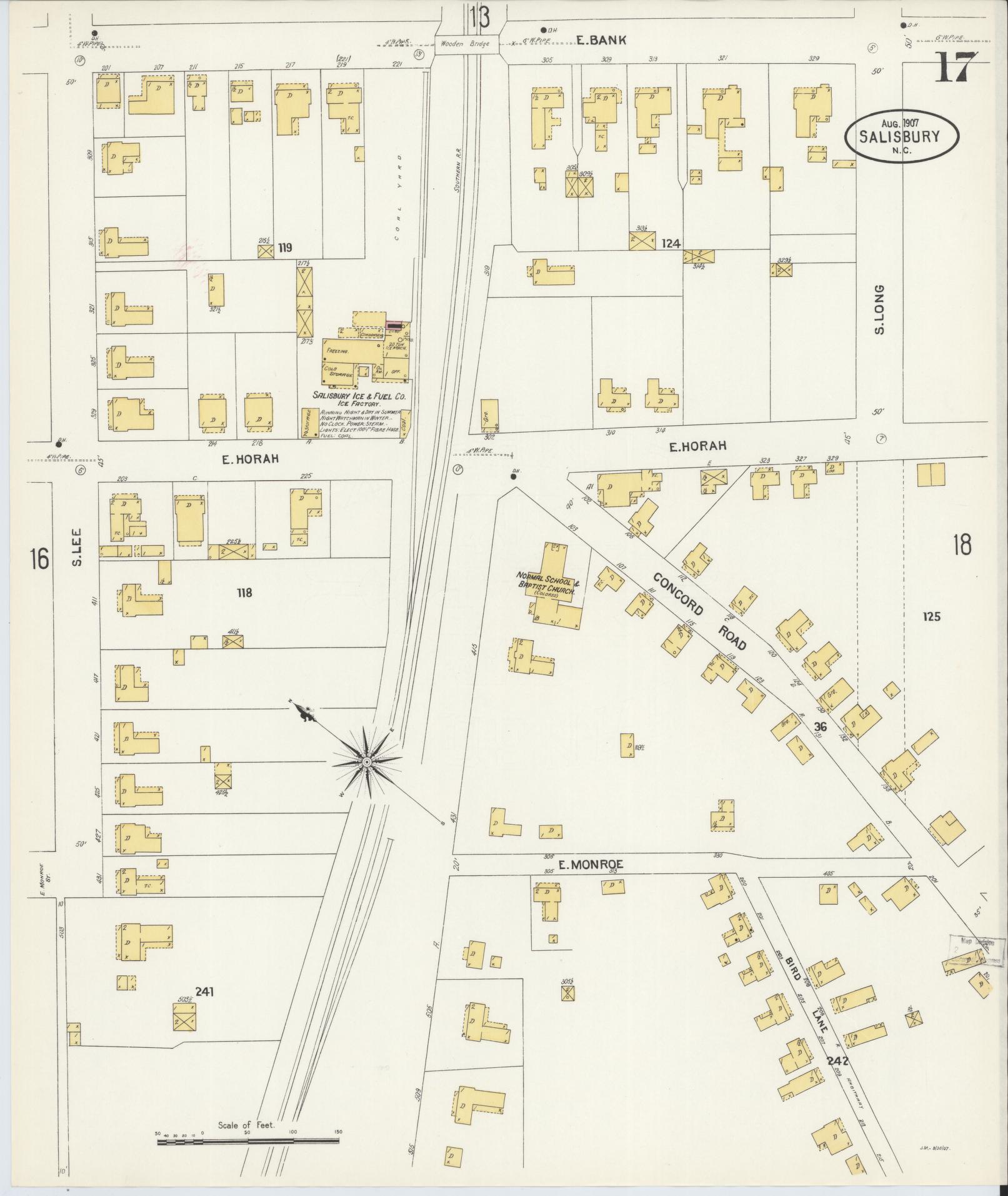 Sanborn Fire Insurance Map from Salisbury, Rowan County, North Carolina (1907), Sheet #0017 - Historic Sanborn Fire Insurance Map Print, vintage old map wall art, antique decor, genealogy gift, North Carolina North Carolina map