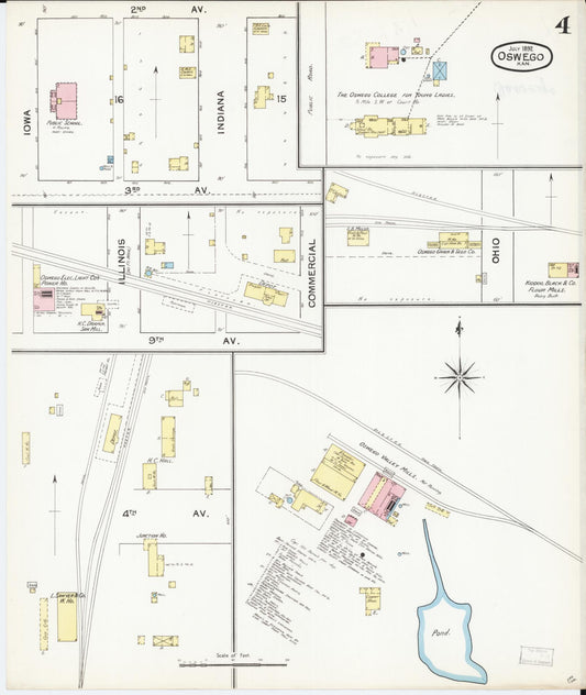 Sanborn Fire Insurance Map from Oswego, Labette County, Kansas (1892), Sheet #0004 - Historic Sanborn Fire Insurance Map Print, vintage old map wall art, antique decor, genealogy gift, Kansas Kansas map
