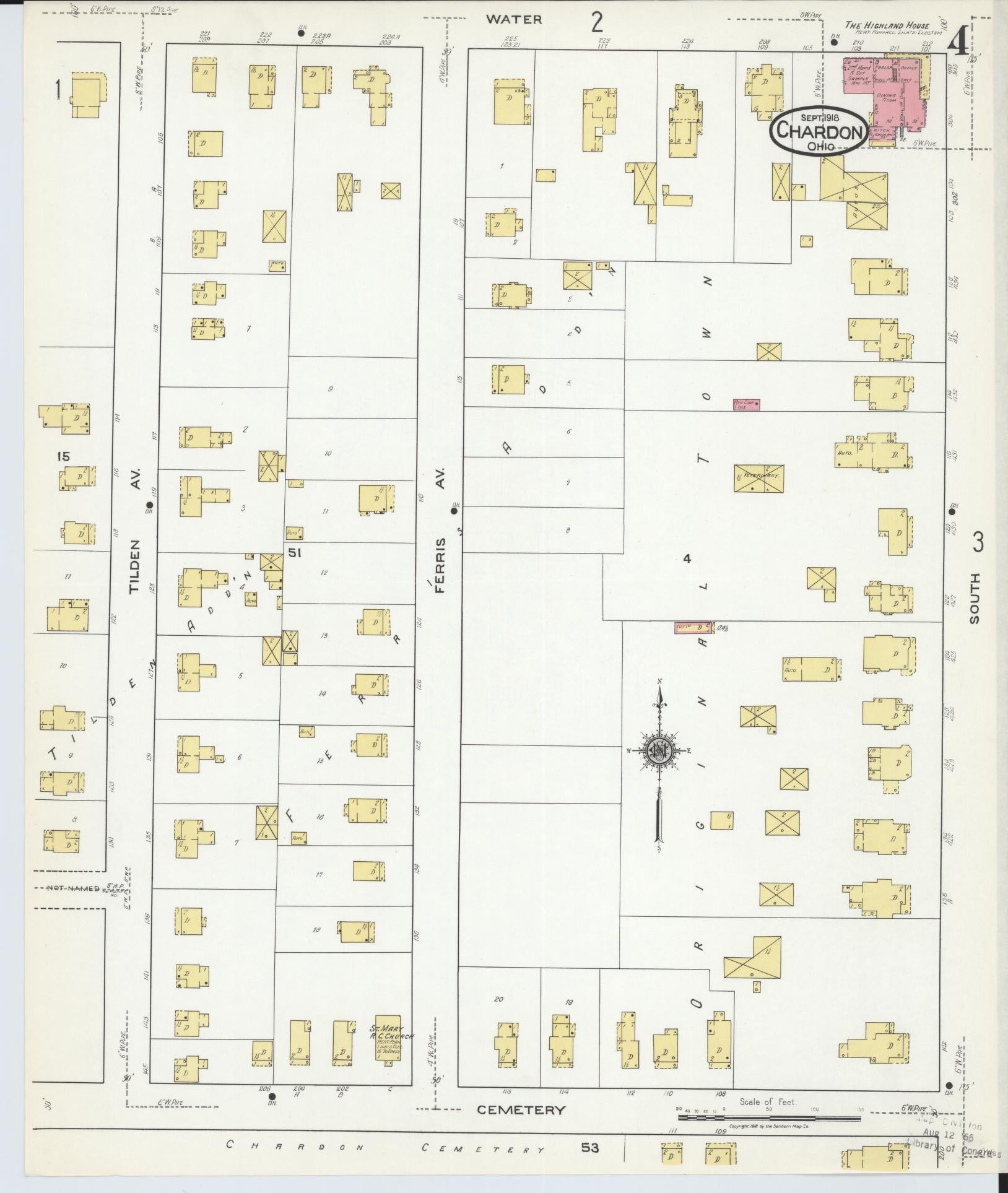 Sanborn Fire Insurance Map from Chardon, Geauga County, Ohio (1918), Sheet #0004 - Historic Sanborn Fire Insurance Map Print, vintage old map wall art, antique decor, genealogy gift, Ohio Ohio map