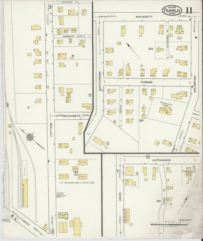 Sanborn Fire Insurance Map from Franklin, Norfolk County, Massachusetts (1919), Sheet #0011 - Historic Sanborn Fire Insurance Map Print, vintage old map wall art, antique decor, genealogy gift, Massachusetts Massachusetts map