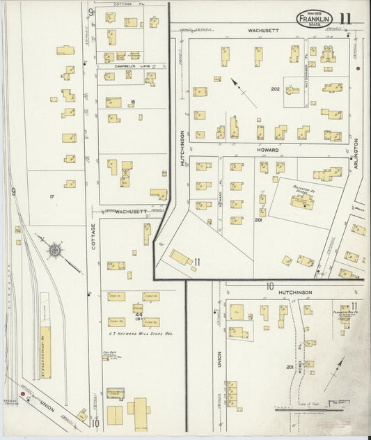 Sanborn Fire Insurance Map from Franklin, Norfolk County, Massachusetts (1919), Sheet #0011 - Historic Sanborn Fire Insurance Map Print, vintage old map wall art, antique decor, genealogy gift, Massachusetts Massachusetts map