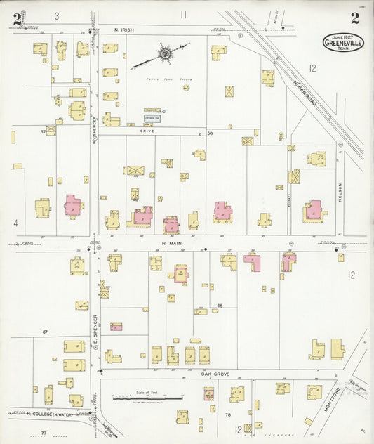Sanborn Fire Insurance Map from Greeneville, Greene County, Tennessee (1927), Sheet #0002 - Historic Sanborn Fire Insurance Map Print, vintage old map wall art, antique decor, genealogy gift, Tennessee Tennessee map