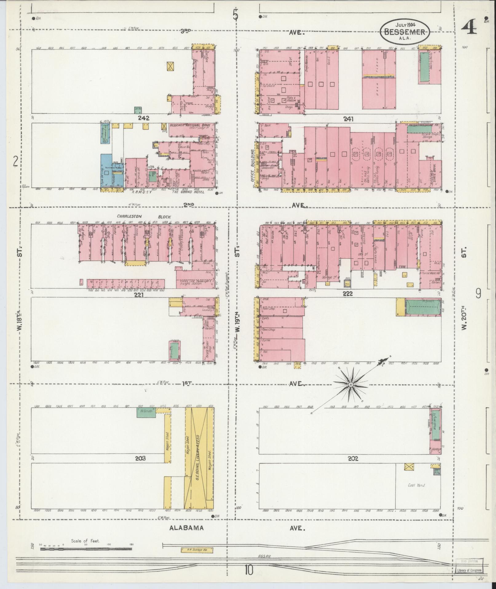 Sanborn Fire Insurance Map from Bessemer, Jefferson County, Alabama (1904), Sheet #0004 - Complete Map Set gallery image, historic Sanborn map, vintage wall art, Alabama Alabama