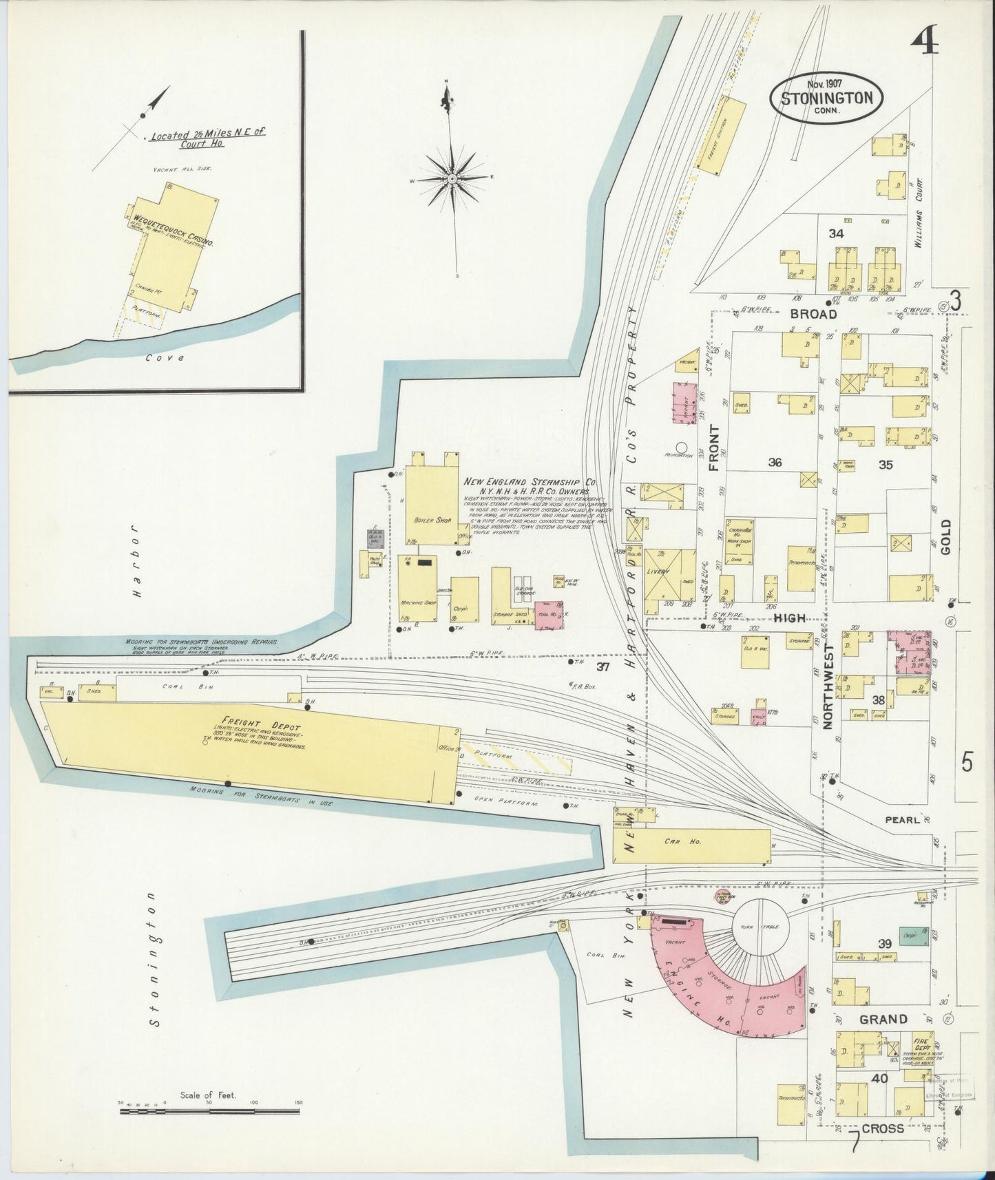 Sanborn Fire Insurance Map from Stonington, New London County, Connecticut (1907), Sheet #0004 - Historic Sanborn Fire Insurance Map Print, vintage old map wall art, antique decor, genealogy gift, Connecticut Connecticut map