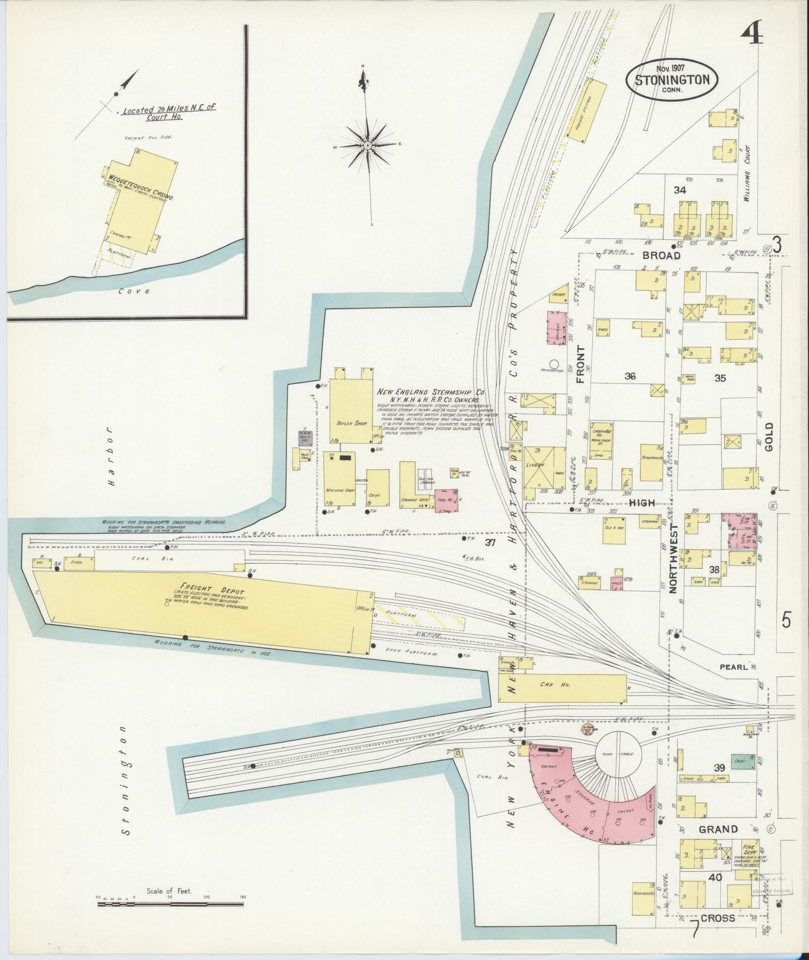 Sanborn Fire Insurance Map from Stonington, New London County, Connecticut (1907), Sheet #0004 - Historic Sanborn Fire Insurance Map Print, vintage old map wall art, antique decor, genealogy gift, Connecticut Connecticut map