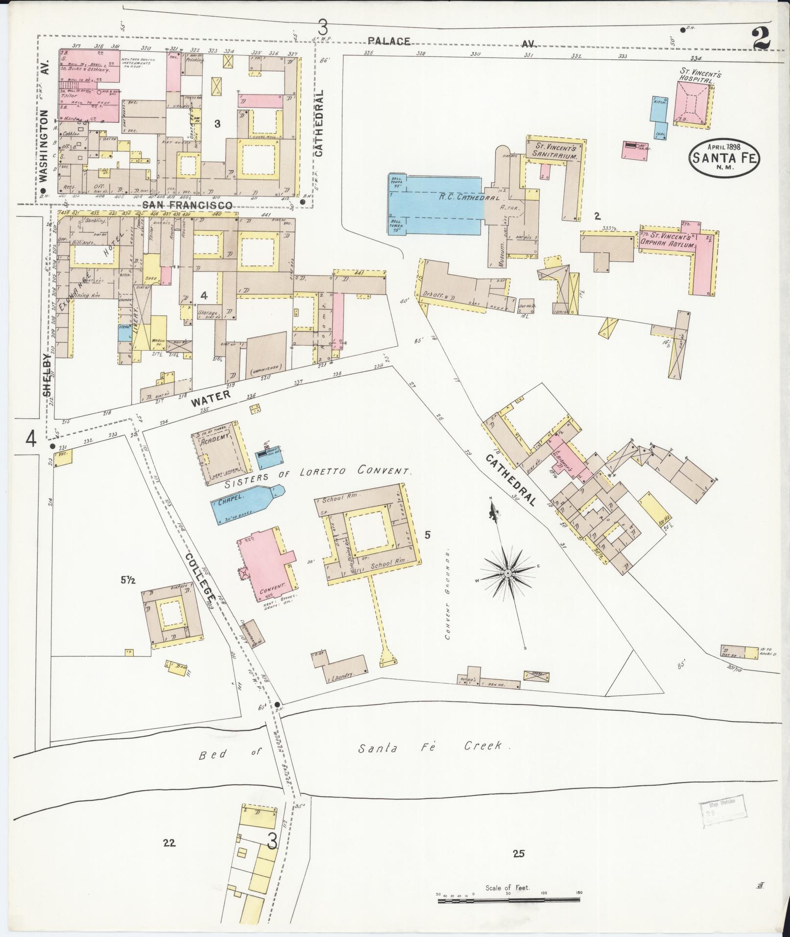 Sanborn Fire Insurance Map from Santa Fe, Santa Fe County, New Mexico (1898), Sheet #0002 - Historic Sanborn Fire Insurance Map Print, vintage old map wall art, antique decor, genealogy gift, New Mexico New Mexico map