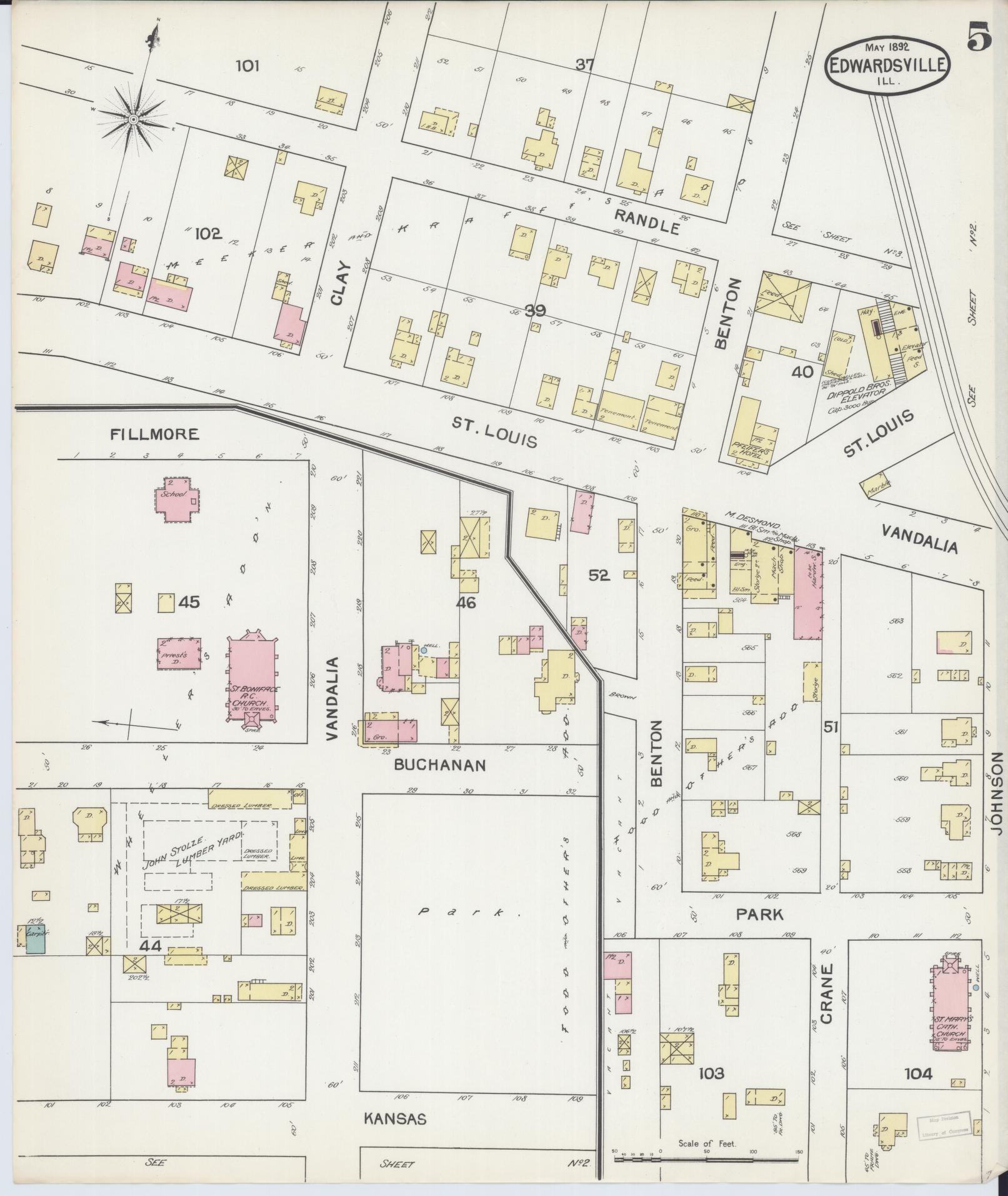 Sanborn Fire Insurance Map from Edwardsville, Madison County, Illinois (1892), Sheet #0005 - Historic Sanborn Fire Insurance Map Print, vintage old map wall art, antique decor, genealogy gift, Illinois Illinois map