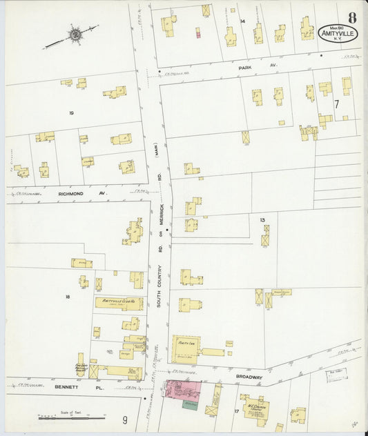 Sanborn Fire Insurance Map from Amityville, Suffolk County, New York (1910), Sheet #0008 - Historic Sanborn Fire Insurance Map Print, vintage old map wall art, antique decor, genealogy gift, New York New York map