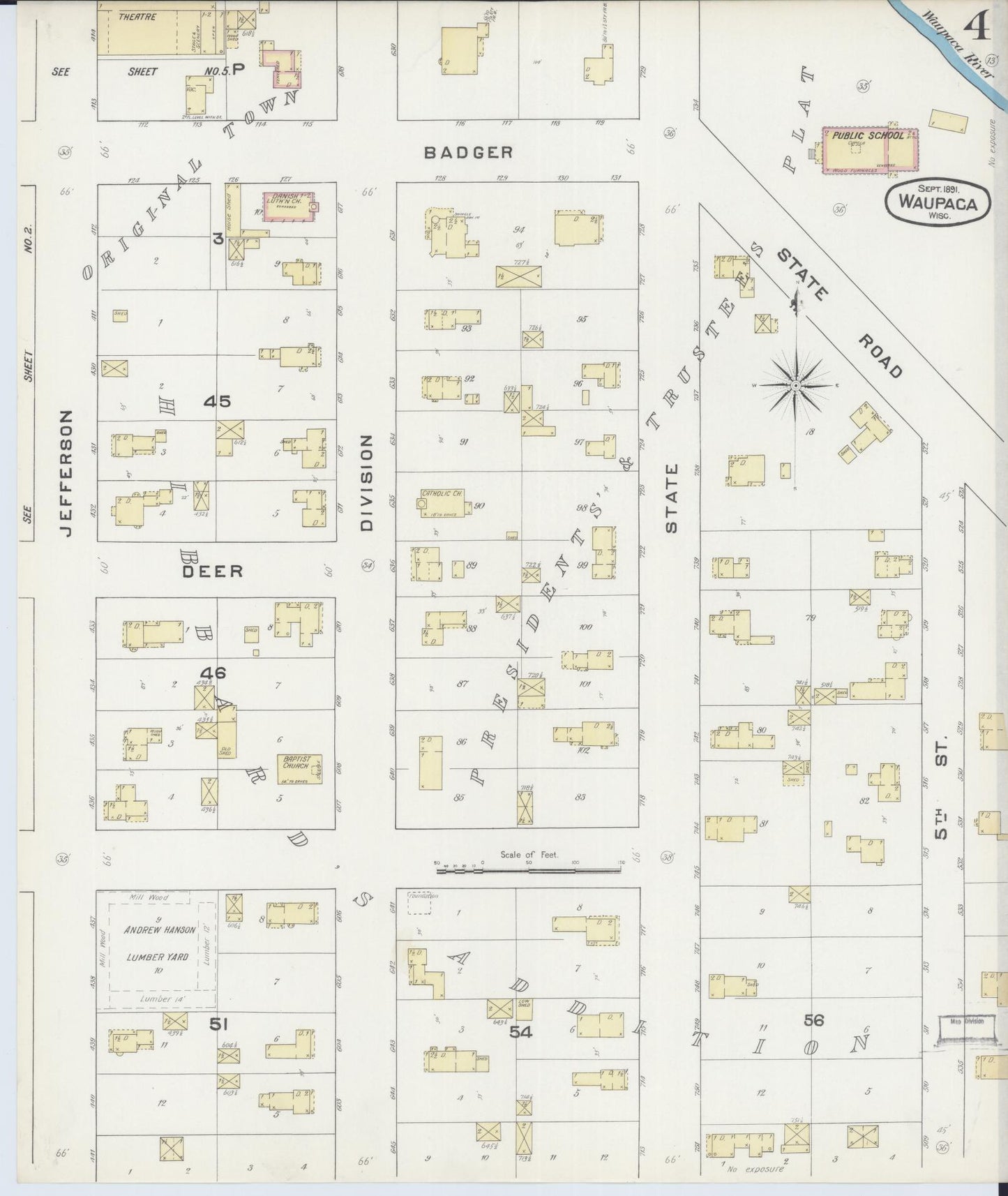 Sanborn Fire Insurance Map from Waupaca, Waupaca County, Wisconsin (1891), Sheet #0004 - Historic Sanborn Fire Insurance Map Print, vintage old map wall art, antique decor, genealogy gift, Wisconsin Wisconsin map