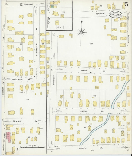 Sanborn Fire Insurance Map from Cortland, Cortland County, New York (1908), Sheet #0005 - Historic Sanborn Fire Insurance Map Print, vintage old map wall art, antique decor, genealogy gift, New York New York map