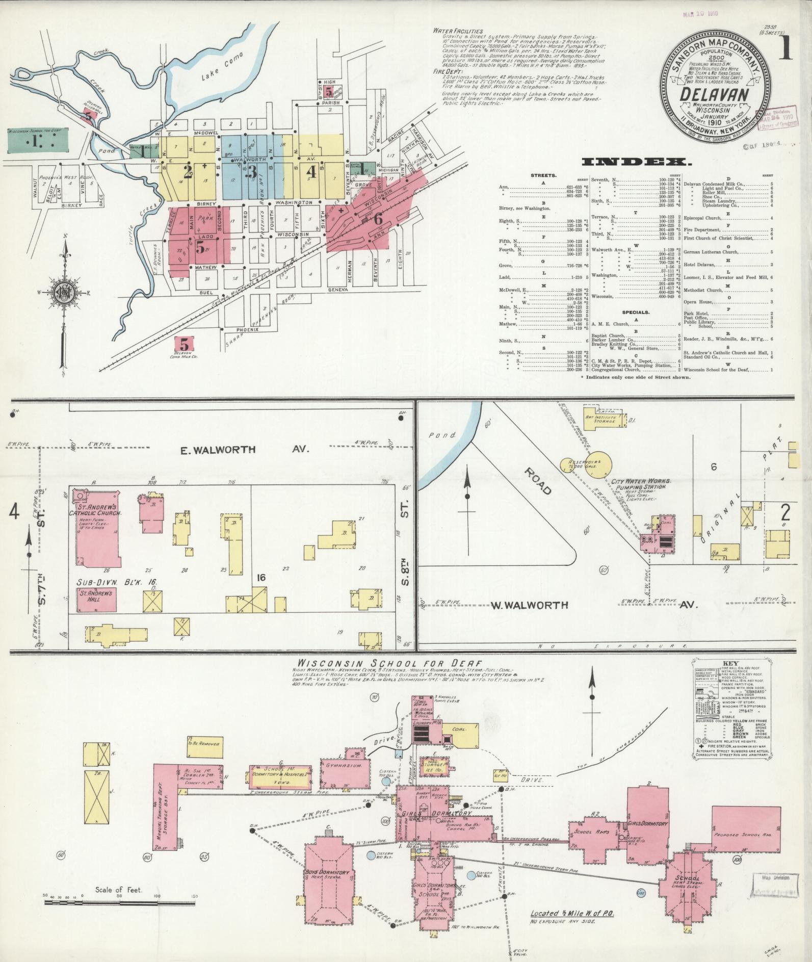 Sanborn Fire Insurance Map from Delavan, Walworth County, Wisconsin (1910), Sheet #0001 - Historic Sanborn Fire Insurance Map Print, vintage old map wall art, antique decor, genealogy gift, Wisconsin Wisconsin map