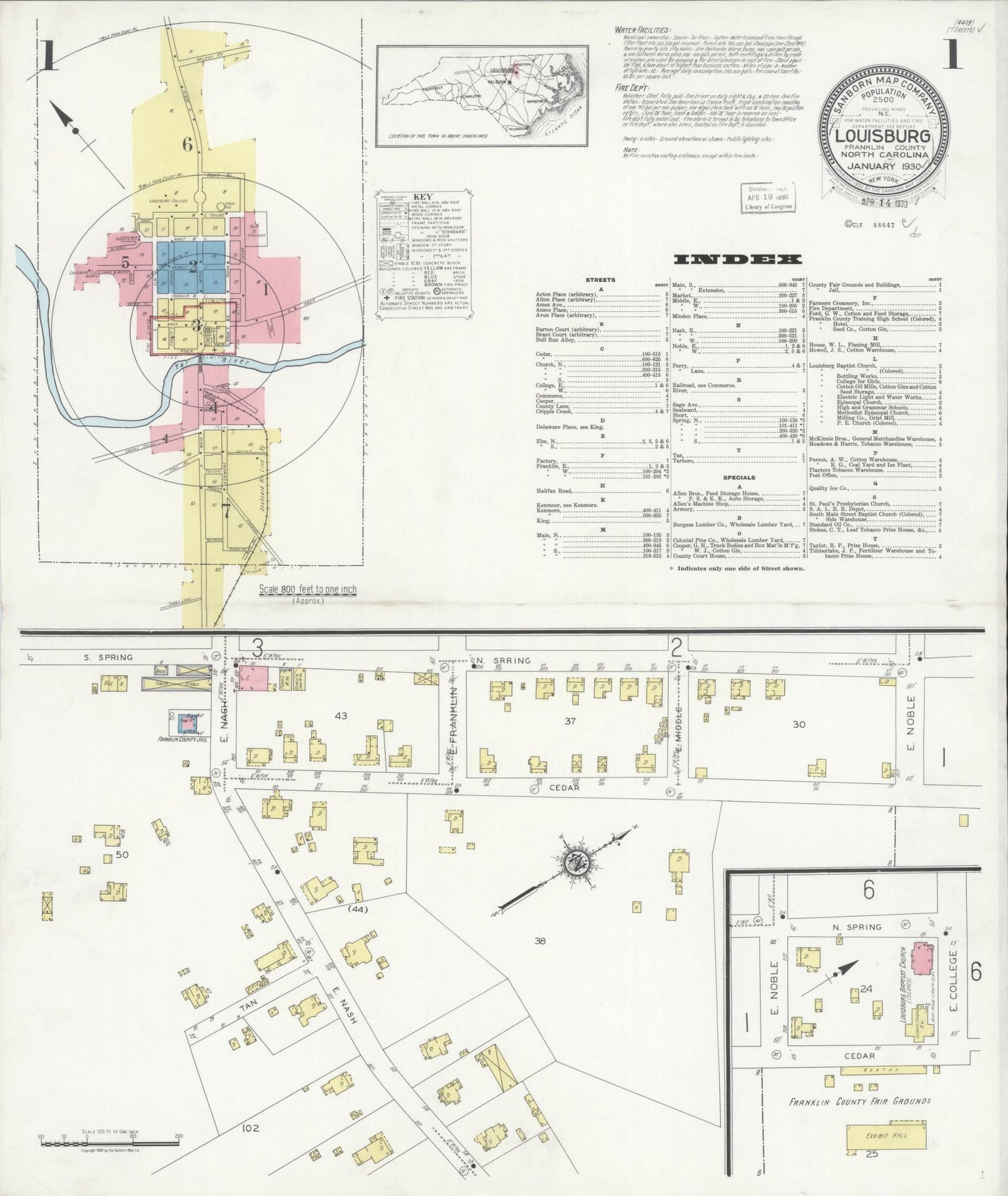 Sanborn Fire Insurance Map from Louisburg, Franklin County, North Carolina (1930), Sheet #0001 - Historic Sanborn Fire Insurance Map Print, vintage old map wall art, antique decor, genealogy gift, North Carolina North Carolina map