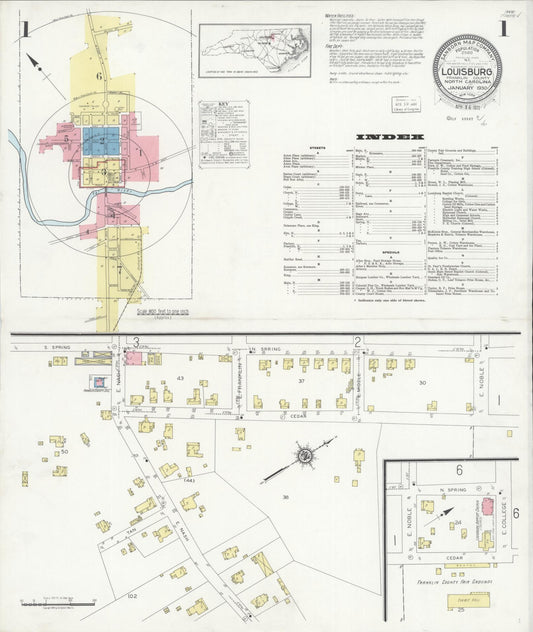 Sanborn Fire Insurance Map from Louisburg, Franklin County, North Carolina (1930), Sheet #0001 - Historic Sanborn Fire Insurance Map Print, vintage old map wall art, antique decor, genealogy gift, North Carolina North Carolina map