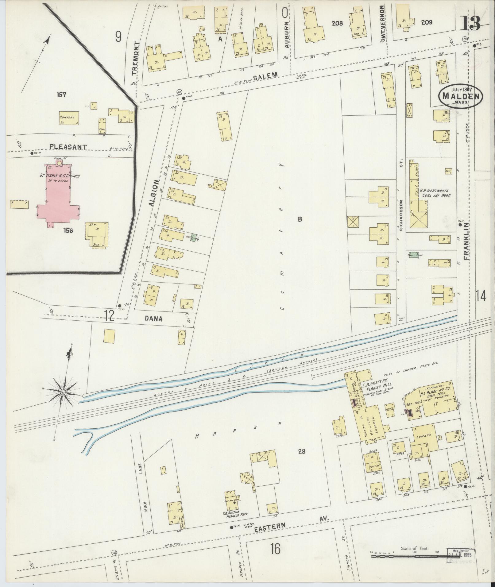 Sanborn Fire Insurance Map from Malden, Middlesex County, Massachusetts (1897), Sheet #0013 - Complete Map Set gallery image, historic Sanborn map, vintage wall art, Massachusetts Massachusetts