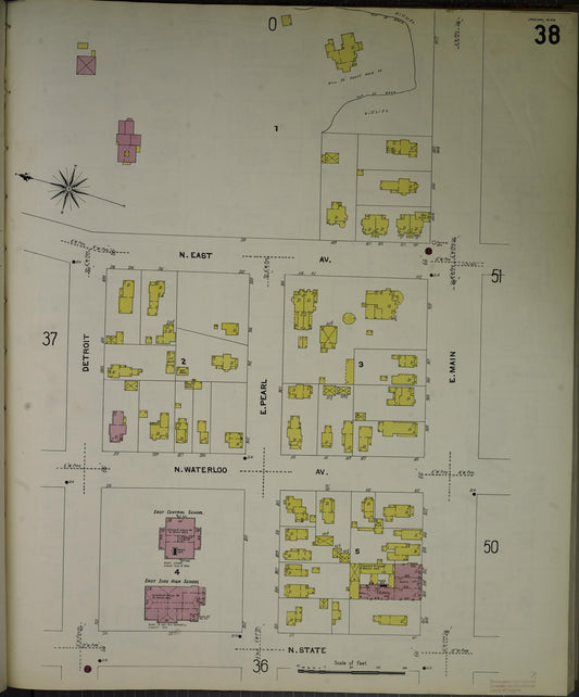 Sanborn Fire Insurance Map from Jackson, Jackson County, Michigan (1907), Sheet #0038 - Historic Sanborn Fire Insurance Map Print, vintage old map wall art, antique decor, genealogy gift, Michigan Michigan map