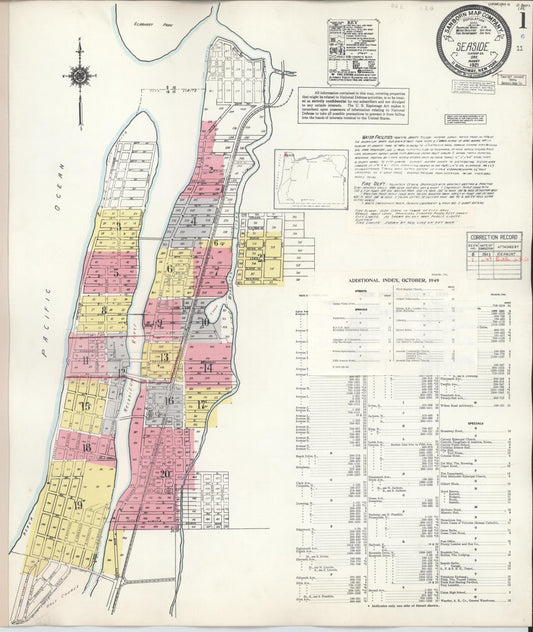 Sanborn Fire Insurance Map from Seaside, Clatsop County, Oregon (1949), Sheet #0001 - Historic Sanborn Fire Insurance Map Print, vintage old map wall art, antique decor, genealogy gift, Oregon Oregon map