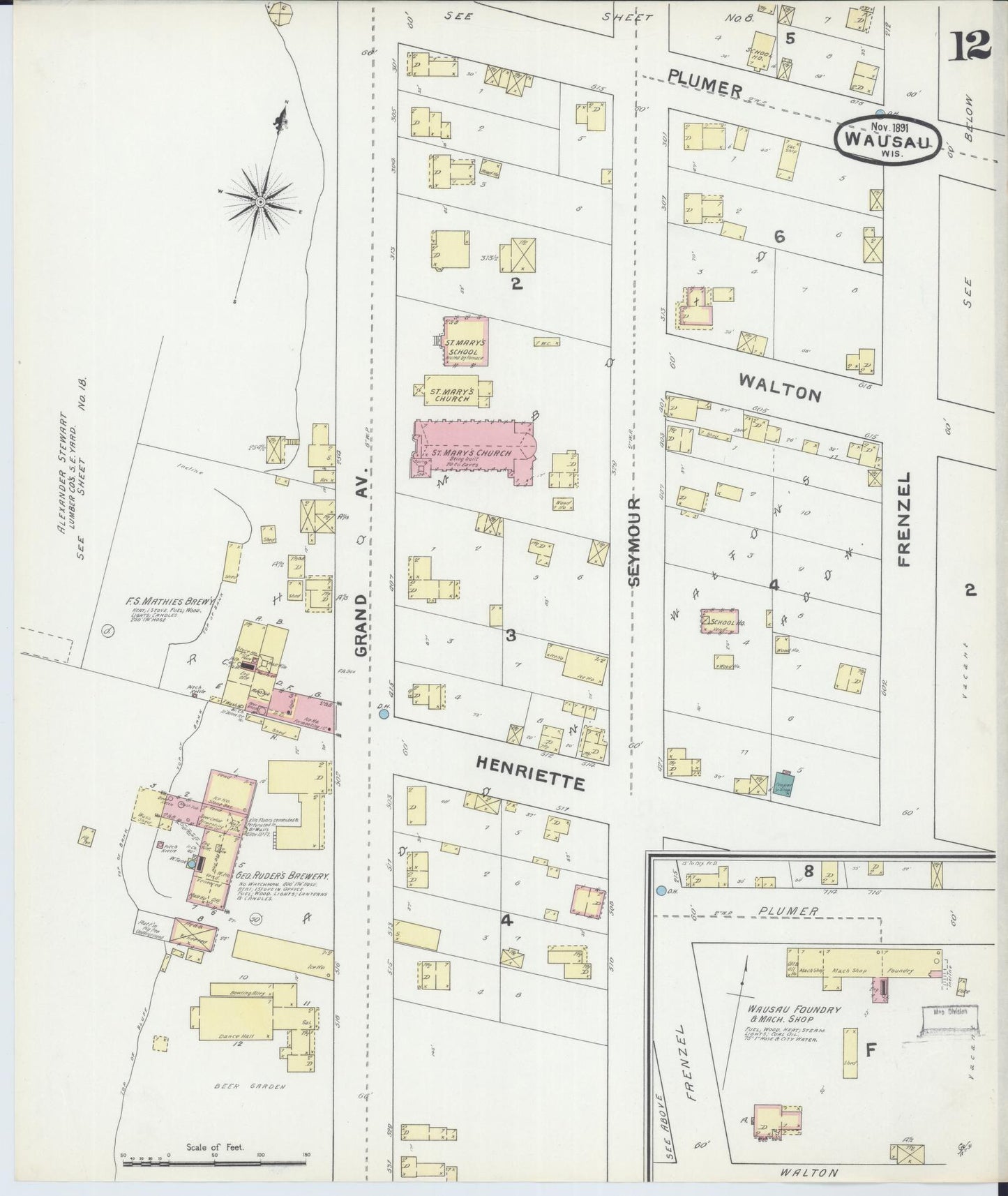 Sanborn Fire Insurance Map from Wausau, Marathon County, Wisconsin (1891), Sheet #0012 - Complete Map Set gallery image, historic Sanborn map, vintage wall art, Wisconsin Wisconsin