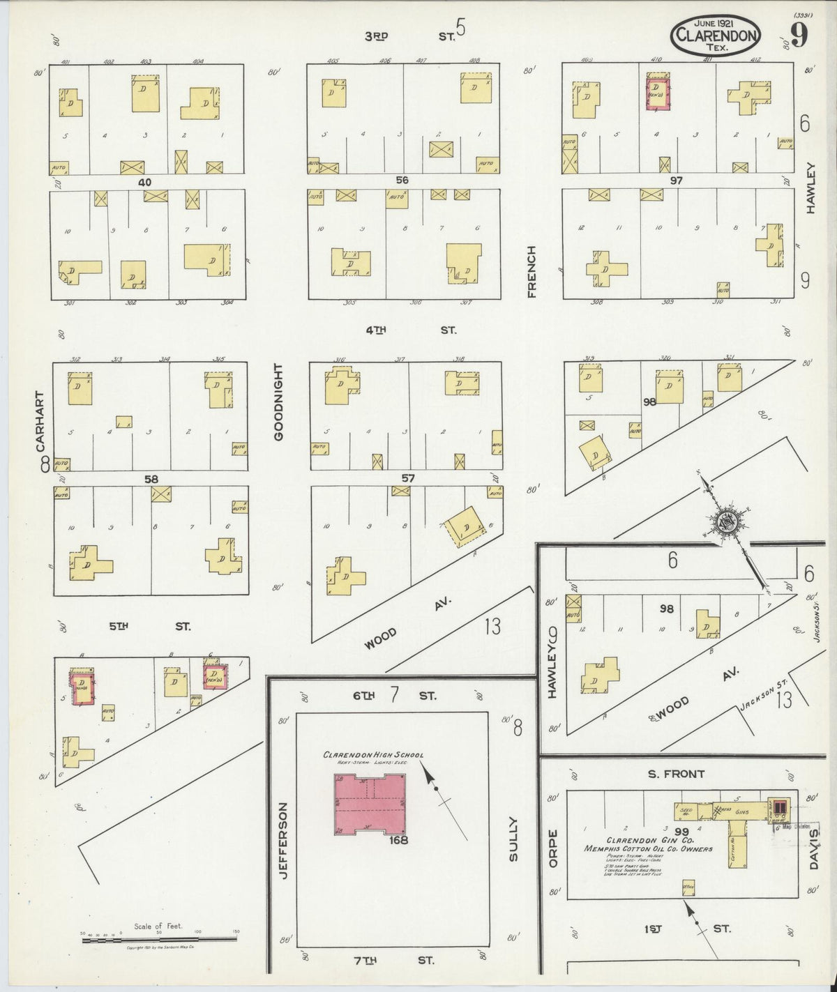Sanborn Fire Insurance Map from Clarendon, Donley County, Texas (1921), Sheet #0009 - Complete Map Set gallery image, historic Sanborn map, vintage wall art, Texas Texas