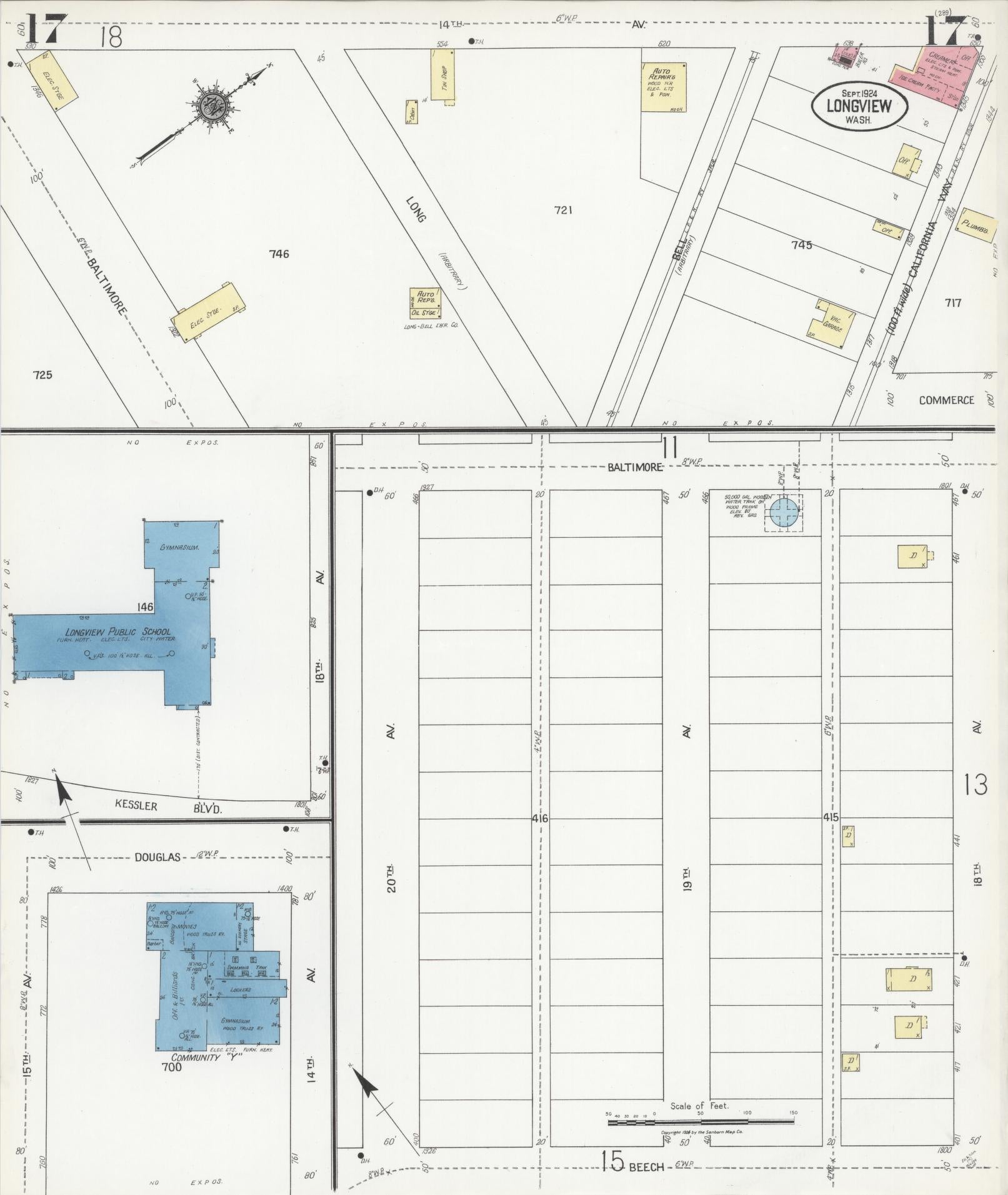 Sanborn Fire Insurance Map from Longview, Cowlitz County, Washington (1924), Sheet #0017 - Historic Sanborn Fire Insurance Map Print, vintage old map wall art, antique decor, genealogy gift, Washington Washington map