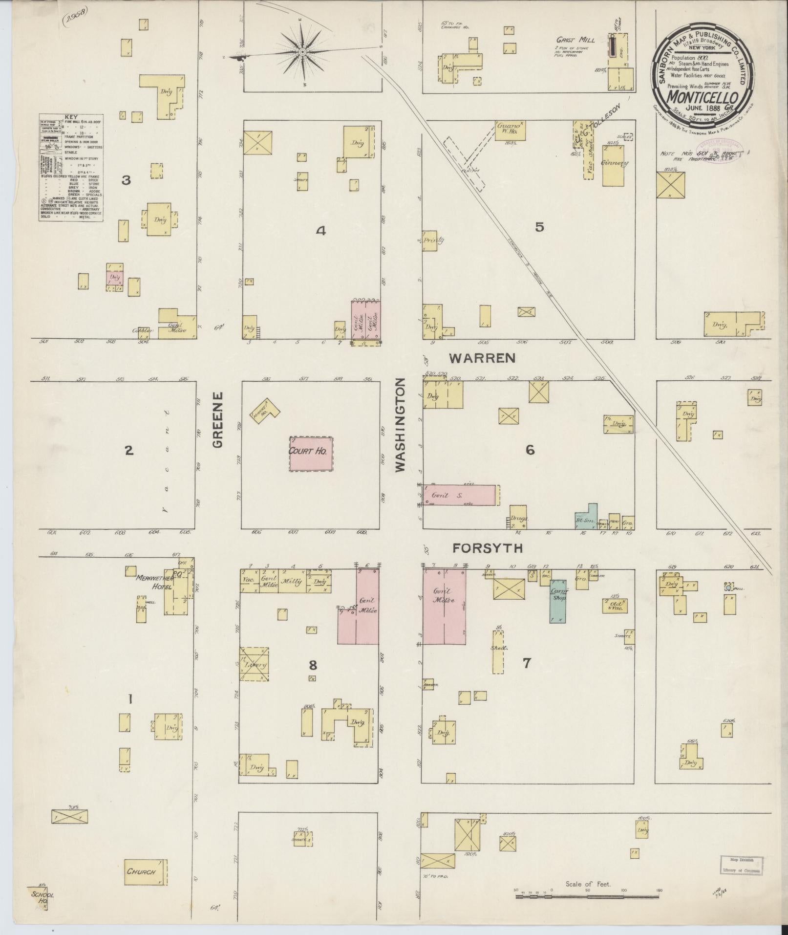Sanborn Fire Insurance Map from Monticello, Jasper County, Georgia (1888), Sheet #0001 - Historic Sanborn Fire Insurance Map Print, vintage old map wall art, antique decor, genealogy gift, Georgia Georgia map