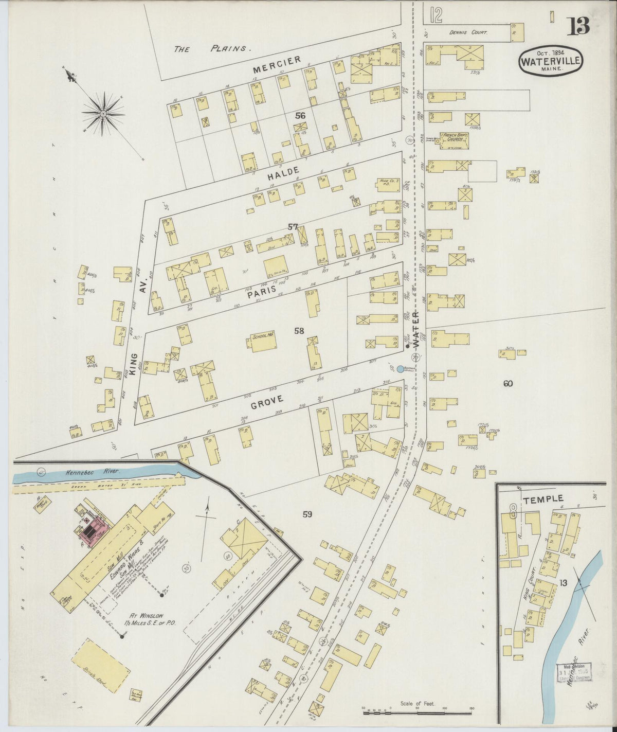 Sanborn Fire Insurance Map from Waterville, Kennebec County, Maine (1894), Sheet #0013 - Historic Sanborn Fire Insurance Map Print, vintage old map wall art, antique decor, genealogy gift, Maine Maine map