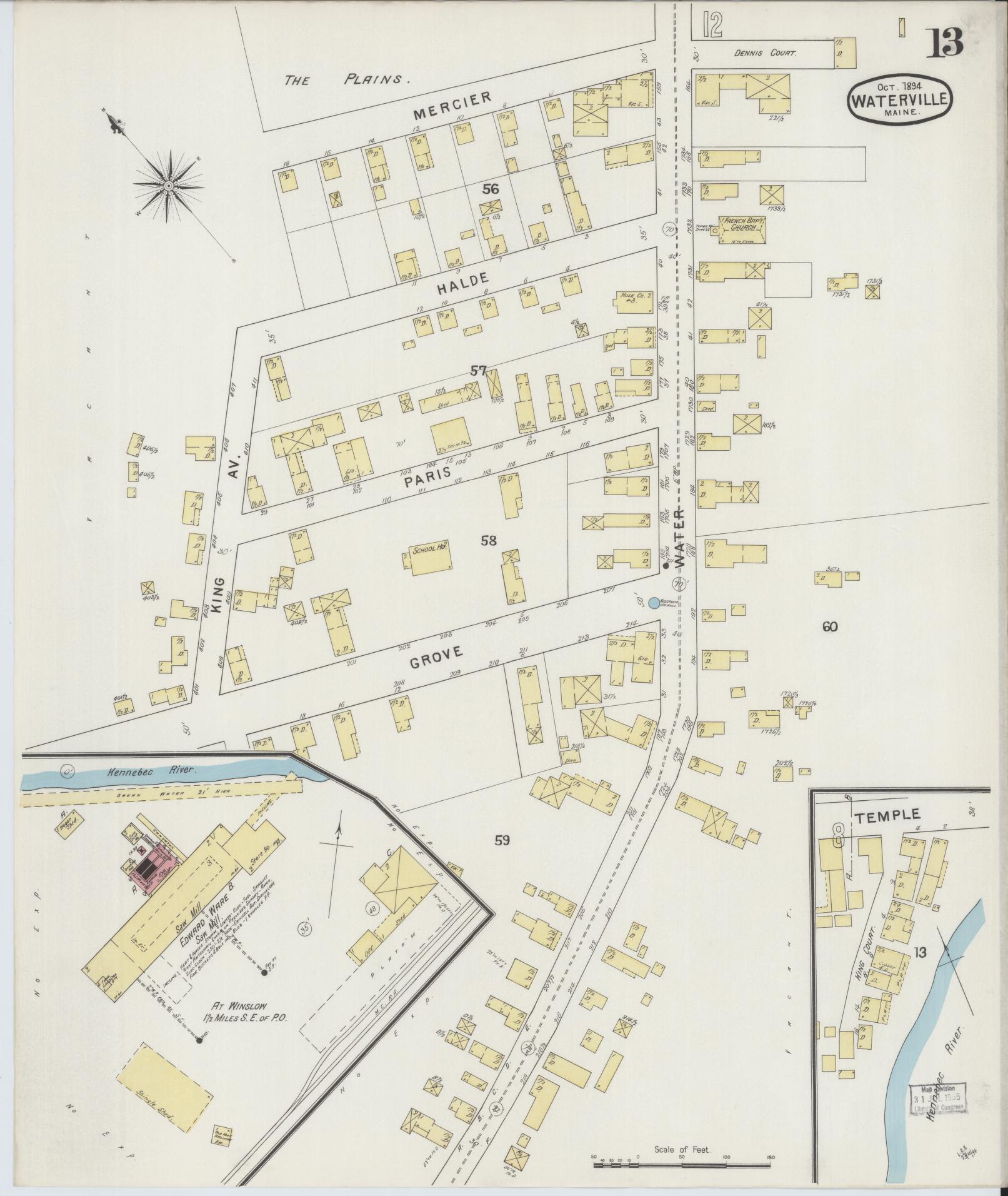 Sanborn Fire Insurance Map from Waterville, Kennebec County, Maine (1894), Sheet #0013 - Historic Sanborn Fire Insurance Map Print, vintage old map wall art, antique decor, genealogy gift, Maine Maine map