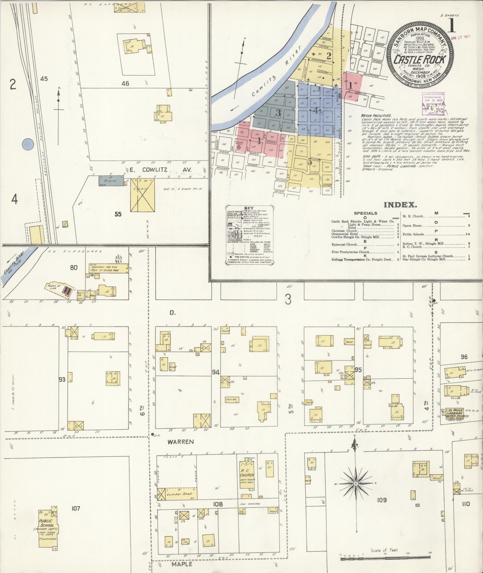 Sanborn Fire Insurance Map from Castle Rock, Cowlitz County, Washington (1908), Sheet #0001 - Complete Map Set gallery image, historic Sanborn map, vintage wall art, Washington Washington