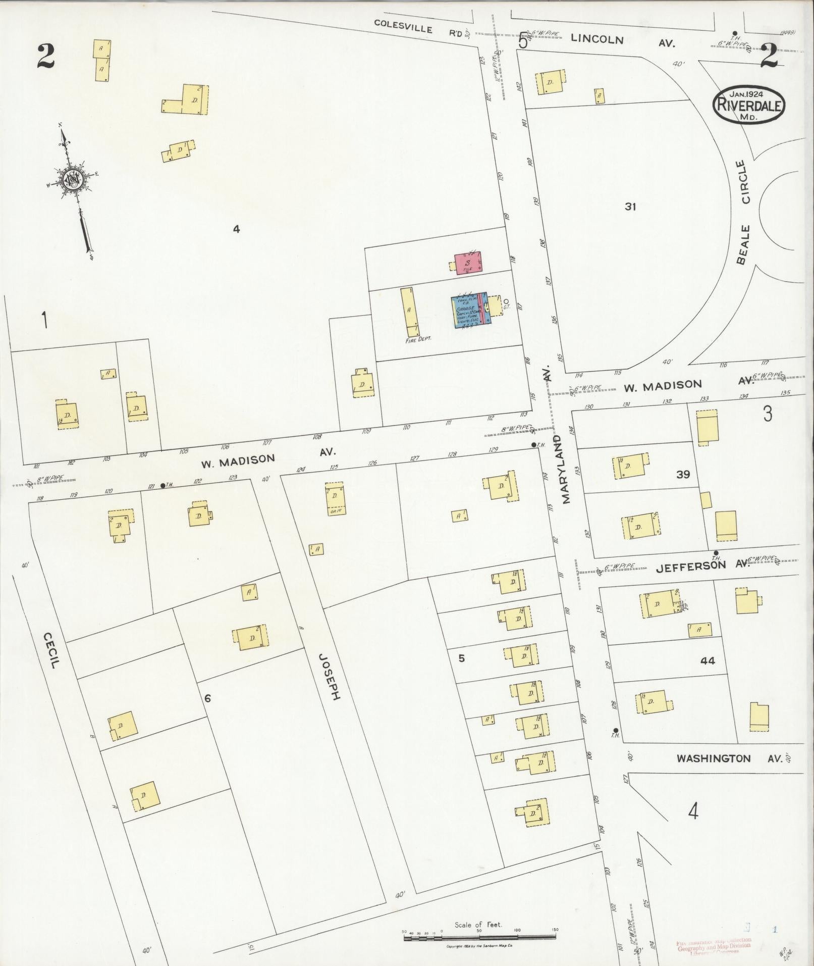 Sanborn Fire Insurance Map from Riverdale, Prince Georges County, Maryland (1924), Sheet #0002 - Historic Sanborn Fire Insurance Map Print, vintage old map wall art