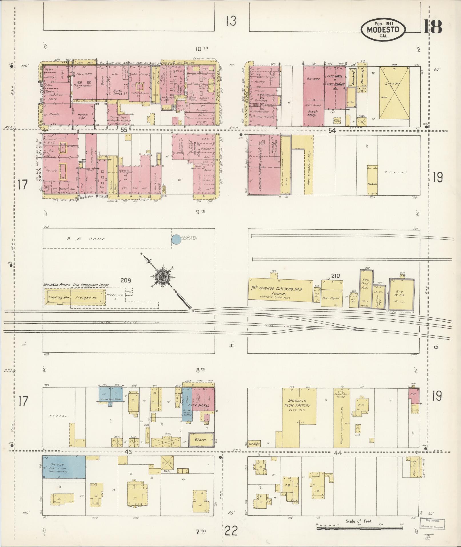 Sanborn Fire Insurance Map from Modesto, Stanislaus County, California (1911), Sheet #0018 - Historic Sanborn Fire Insurance Map Print, vintage old map wall art, antique decor, genealogy gift, California California map