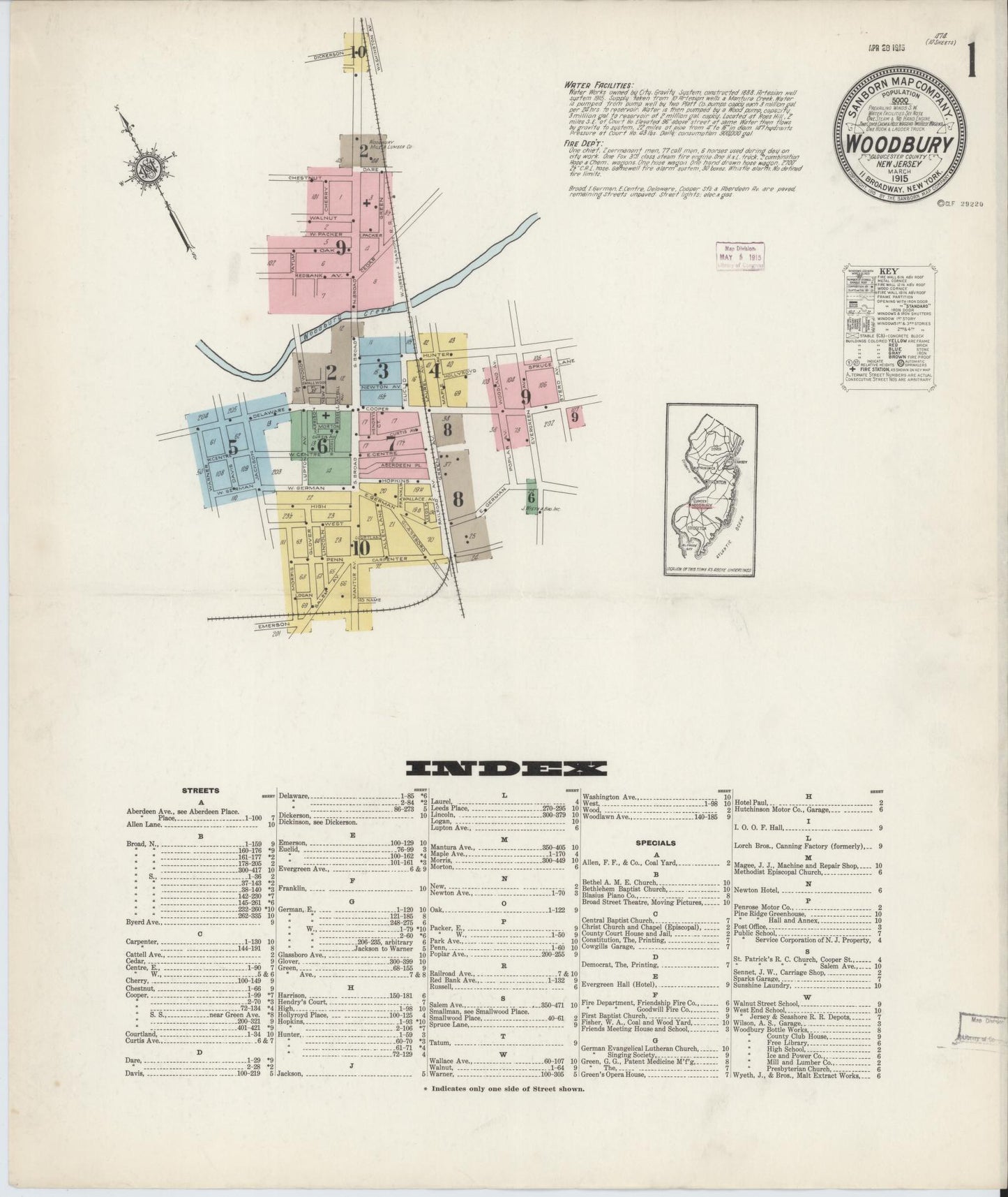 Sanborn Fire Insurance Map from Woodbury, Gloucester County, New Jersey (1915), Sheet #0001 - Complete Map Set gallery image, historic Sanborn map, vintage wall art, New Jersey New Jersey