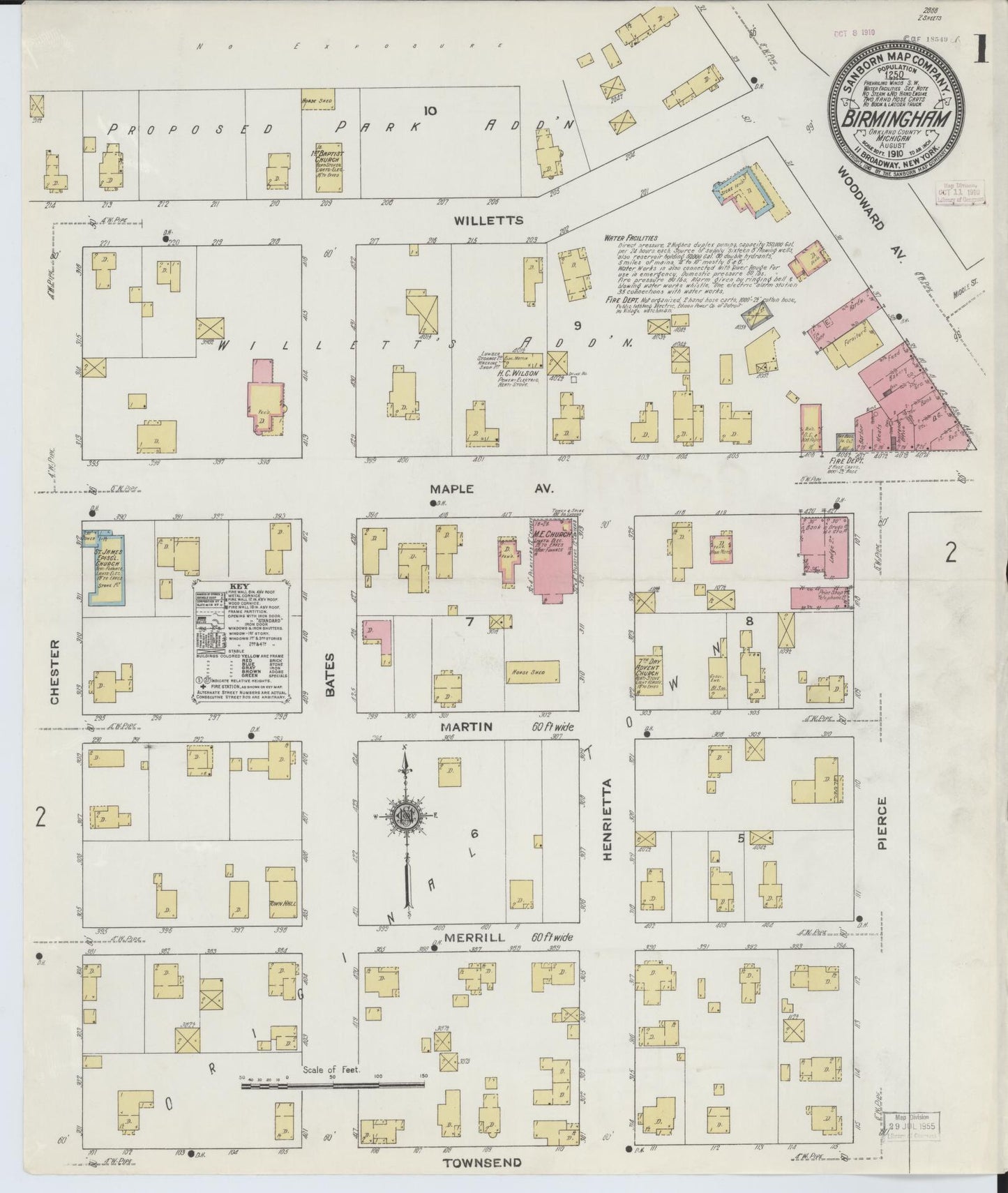 Sanborn Fire Insurance Map from Birmingham, Oakland County, Michigan (1910), Sheet #0001 - Complete Map Set gallery image, historic Sanborn map, vintage wall art, Michigan Michigan