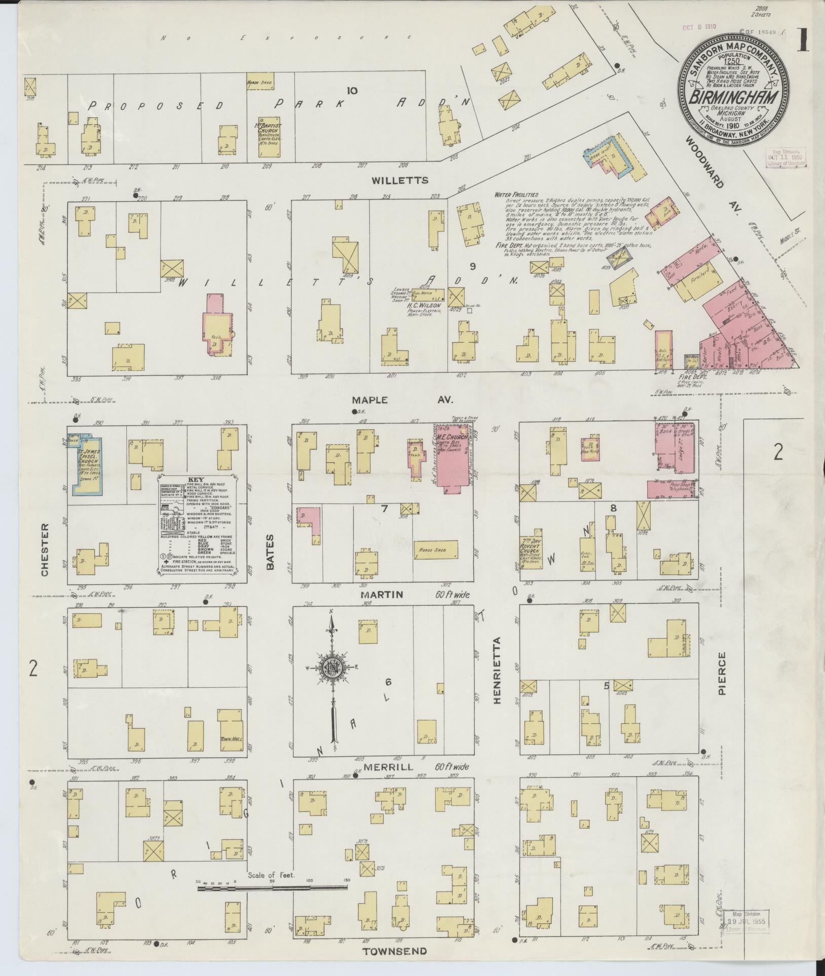 Sanborn Fire Insurance Map from Birmingham, Oakland County, Michigan (1910), Sheet #0001 - Complete Map Set gallery image, historic Sanborn map, vintage wall art, Michigan Michigan