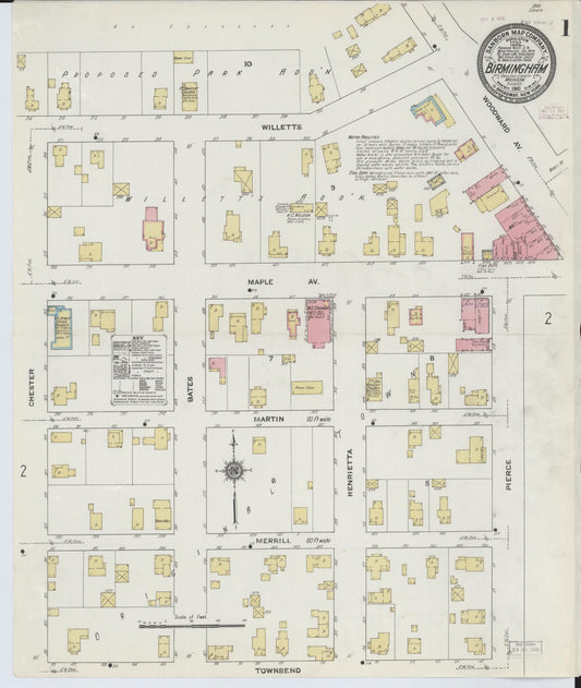 Sanborn Fire Insurance Map from Birmingham, Oakland County, Michigan (1910), Sheet #0001 - Complete Map Set gallery image, historic Sanborn map, vintage wall art, Michigan Michigan