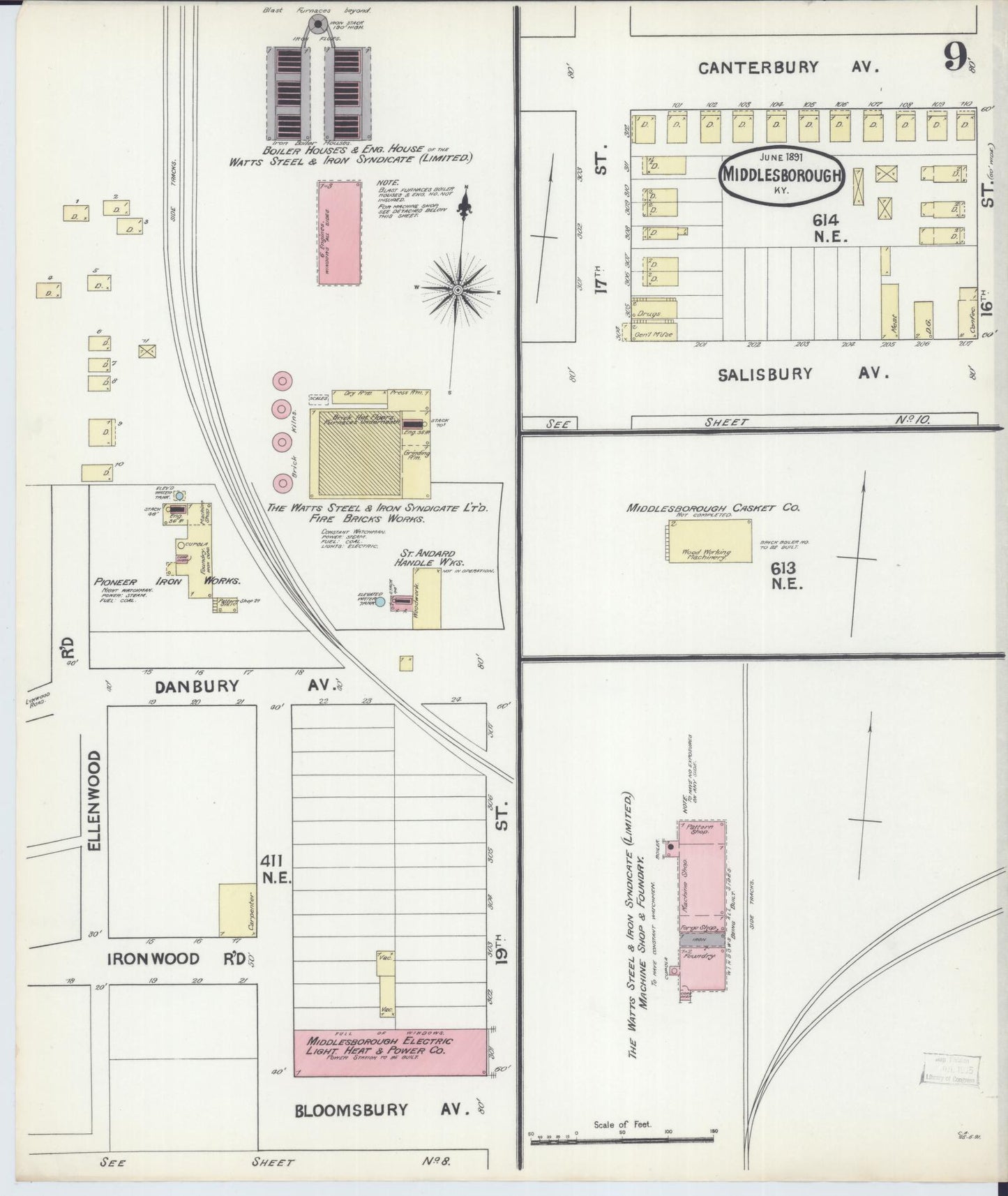 Sanborn Fire Insurance Map from Middlesboro, Bell County, Kentucky (1891), Sheet #0009 - Historic Sanborn Fire Insurance Map Print, vintage old map wall art, antique decor, genealogy gift, Kentucky Kentucky map