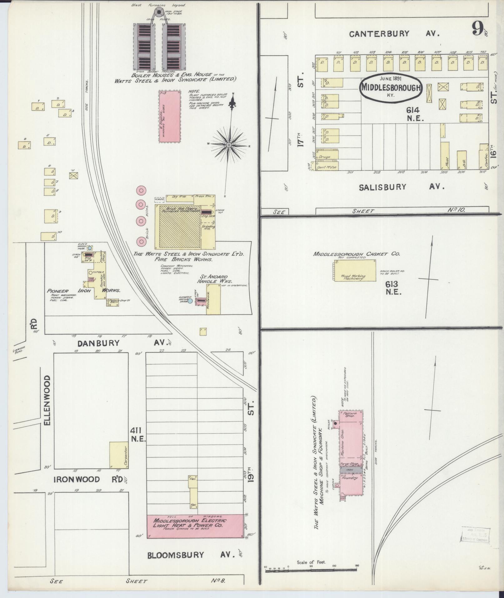 Sanborn Fire Insurance Map from Middlesboro, Bell County, Kentucky (1891), Sheet #0009 - Historic Sanborn Fire Insurance Map Print, vintage old map wall art, antique decor, genealogy gift, Kentucky Kentucky map
