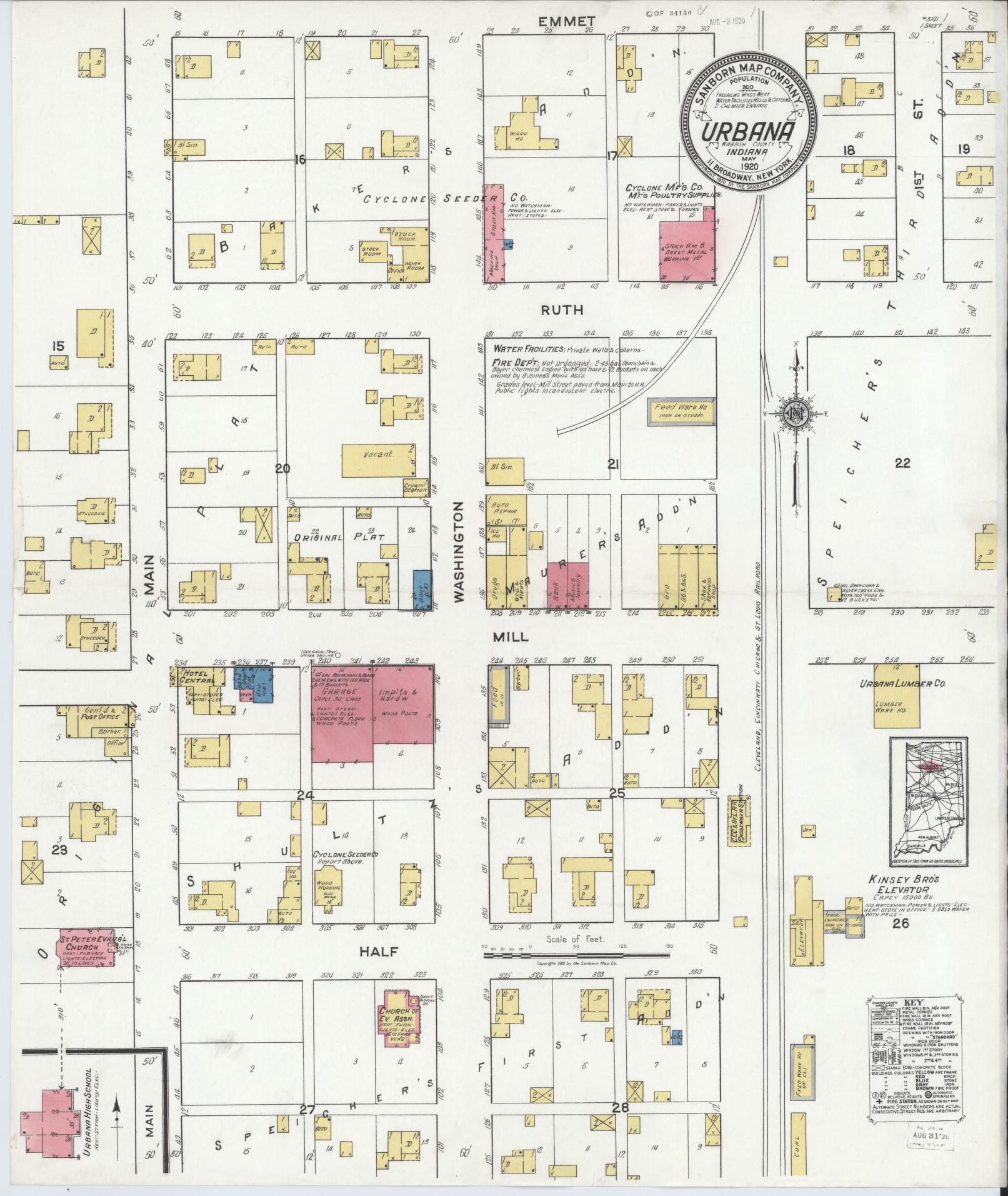 Sanborn Fire Insurance Map from Urbana, Wabash County, Indiana (1920), Sheet #0001 - Historic Sanborn Fire Insurance Map Print, vintage old map wall art, antique decor, genealogy gift, Indiana Indiana map