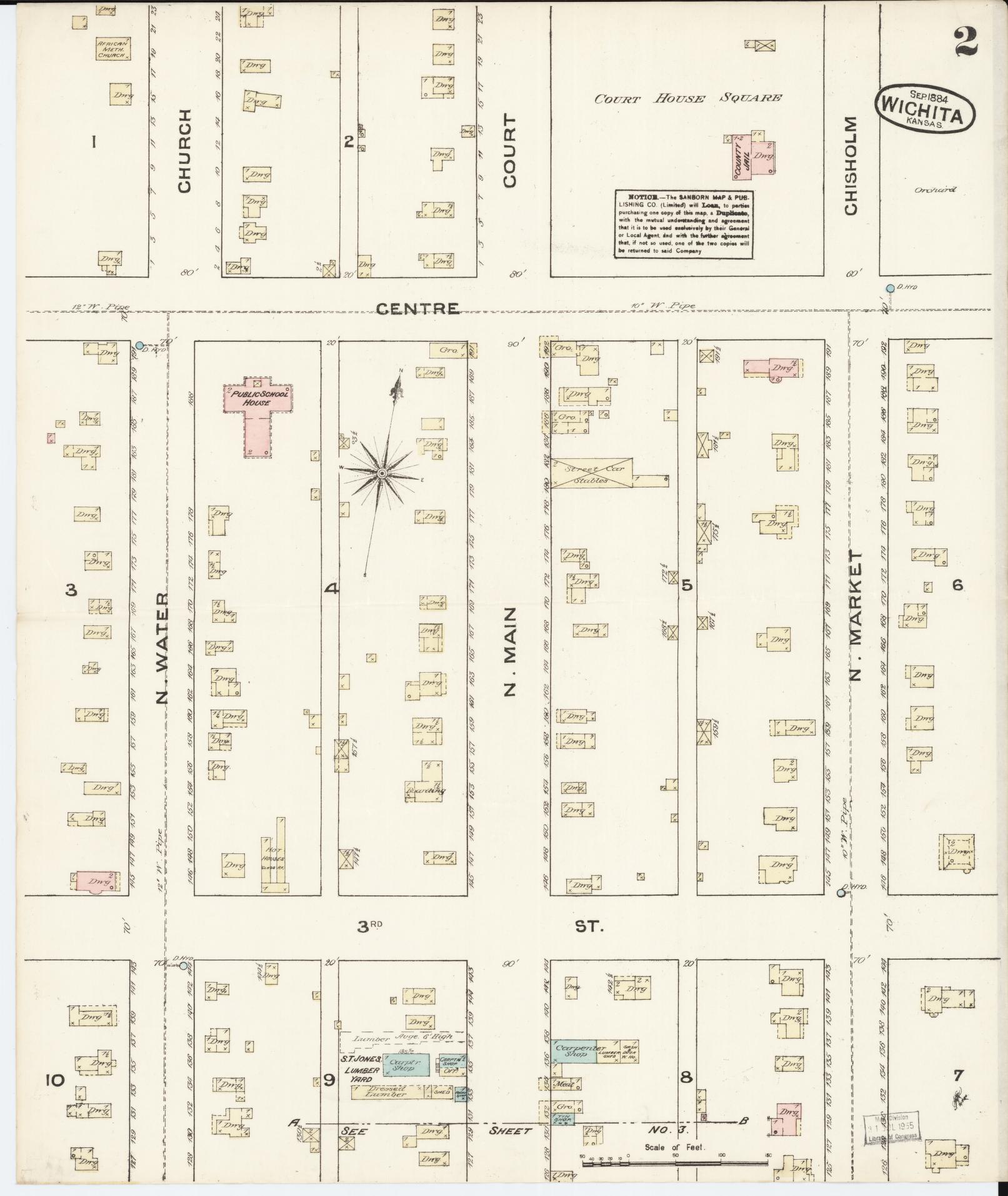 Sanborn Fire Insurance Map from Wichita, Sedgwick County, Kansas (1884), Sheet #0002 - Complete Map Set gallery image, historic Sanborn map, vintage wall art, Kansas Kansas