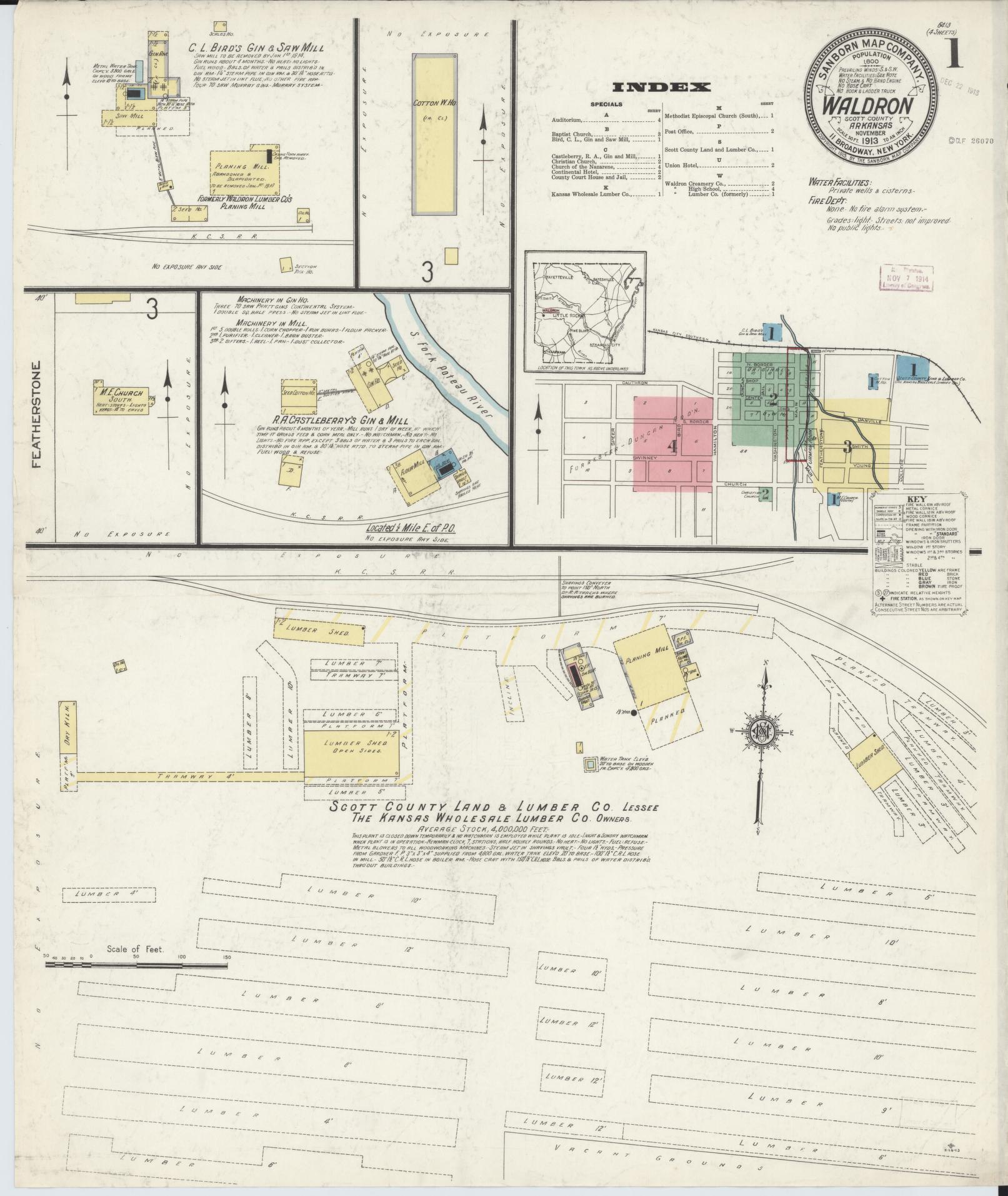 Sanborn Fire Insurance Map from Waldron, Scott County, Arkansas (1913), Sheet #0001 - Historic Sanborn Fire Insurance Map Print, vintage old map wall art, antique decor, genealogy gift, Arkansas Arkansas map
