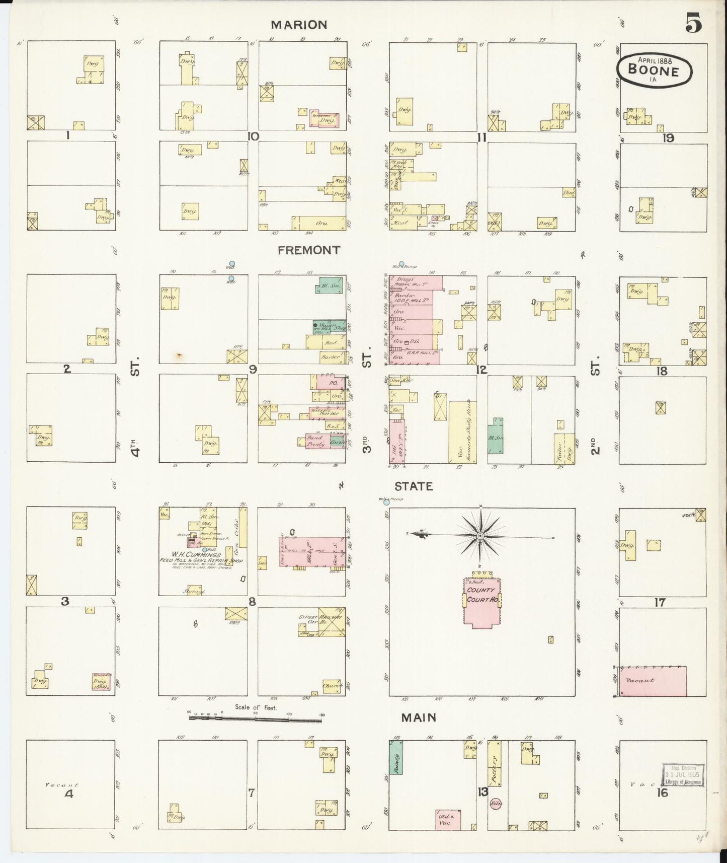 Sanborn Fire Insurance Map from Boone, Boone County, Iowa (1888), Sheet #0005 - Historic Sanborn Fire Insurance Map Print, vintage old map wall art