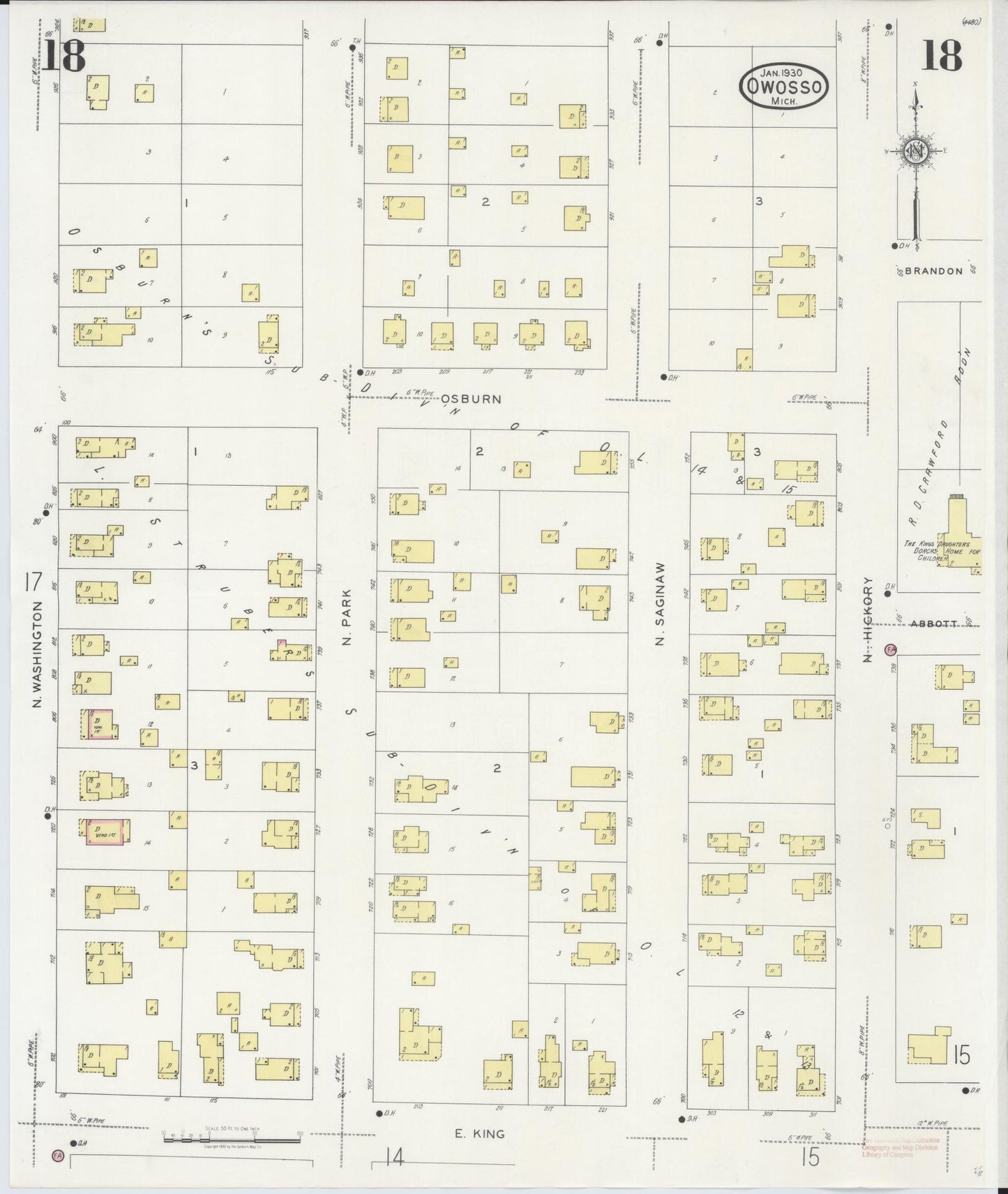 Sanborn Fire Insurance Map from Owosso, Shiawassee County, Michigan (1930), Sheet #0018 - Complete Map Set gallery image, historic Sanborn map, vintage wall art, Michigan Michigan