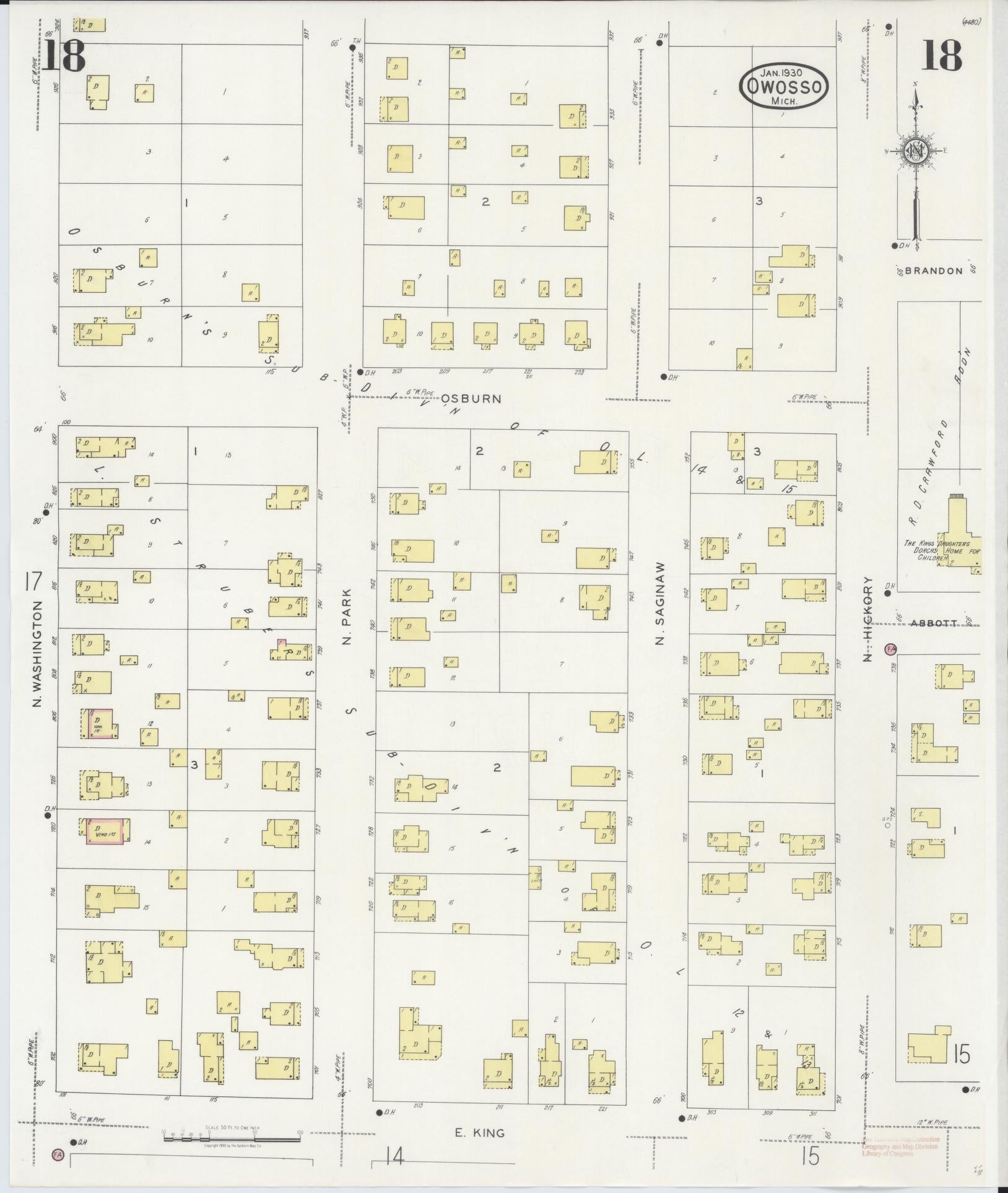 Sanborn Fire Insurance Map from Owosso, Shiawassee County, Michigan (1930), Sheet #0018 - Complete Map Set gallery image, historic Sanborn map, vintage wall art, Michigan Michigan