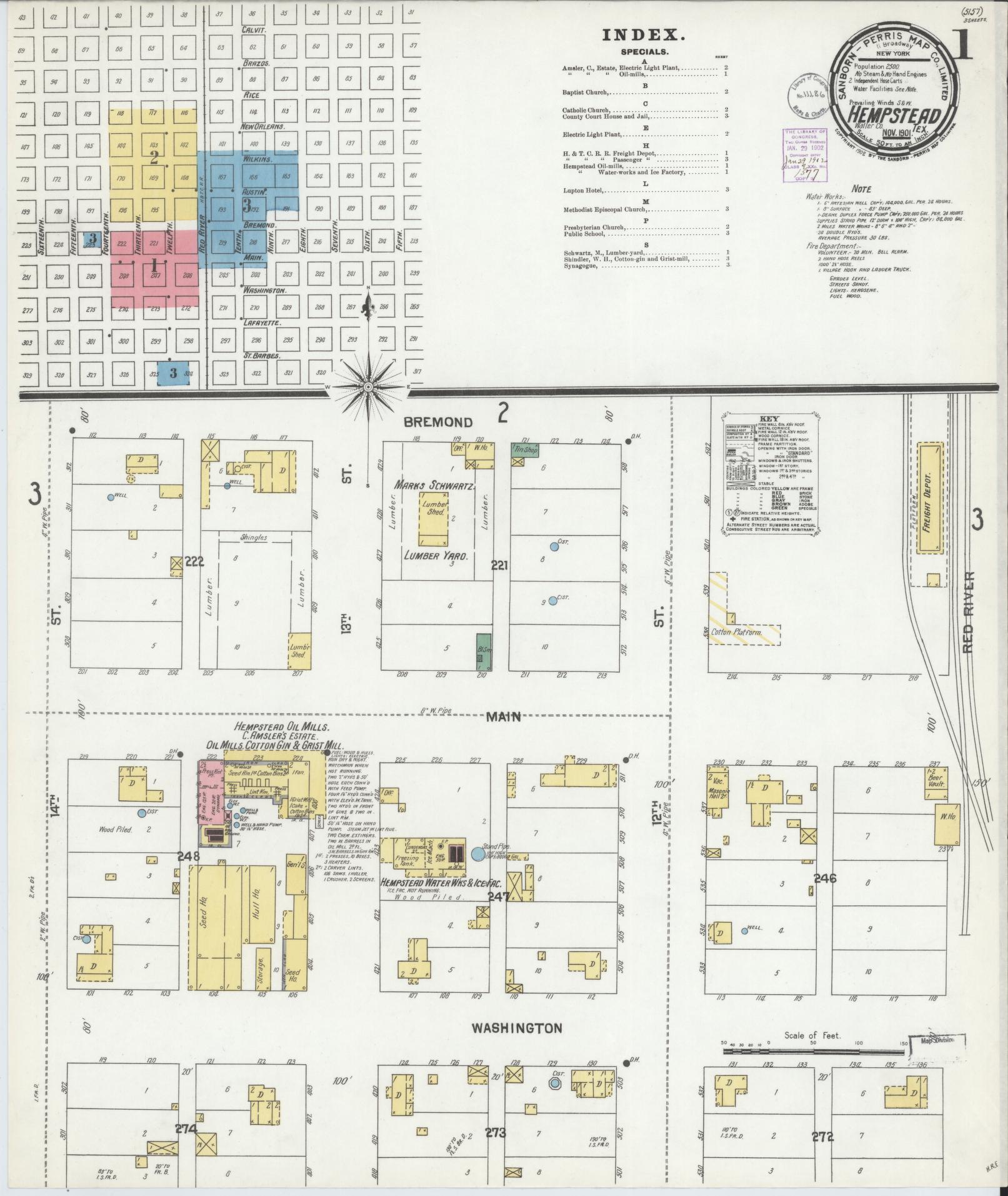 Sanborn Fire Insurance Map from Hempstead, Waller County, Texas (1901), Sheet #0001 - Complete Map Set gallery image, historic Sanborn map, vintage wall art, Texas Texas