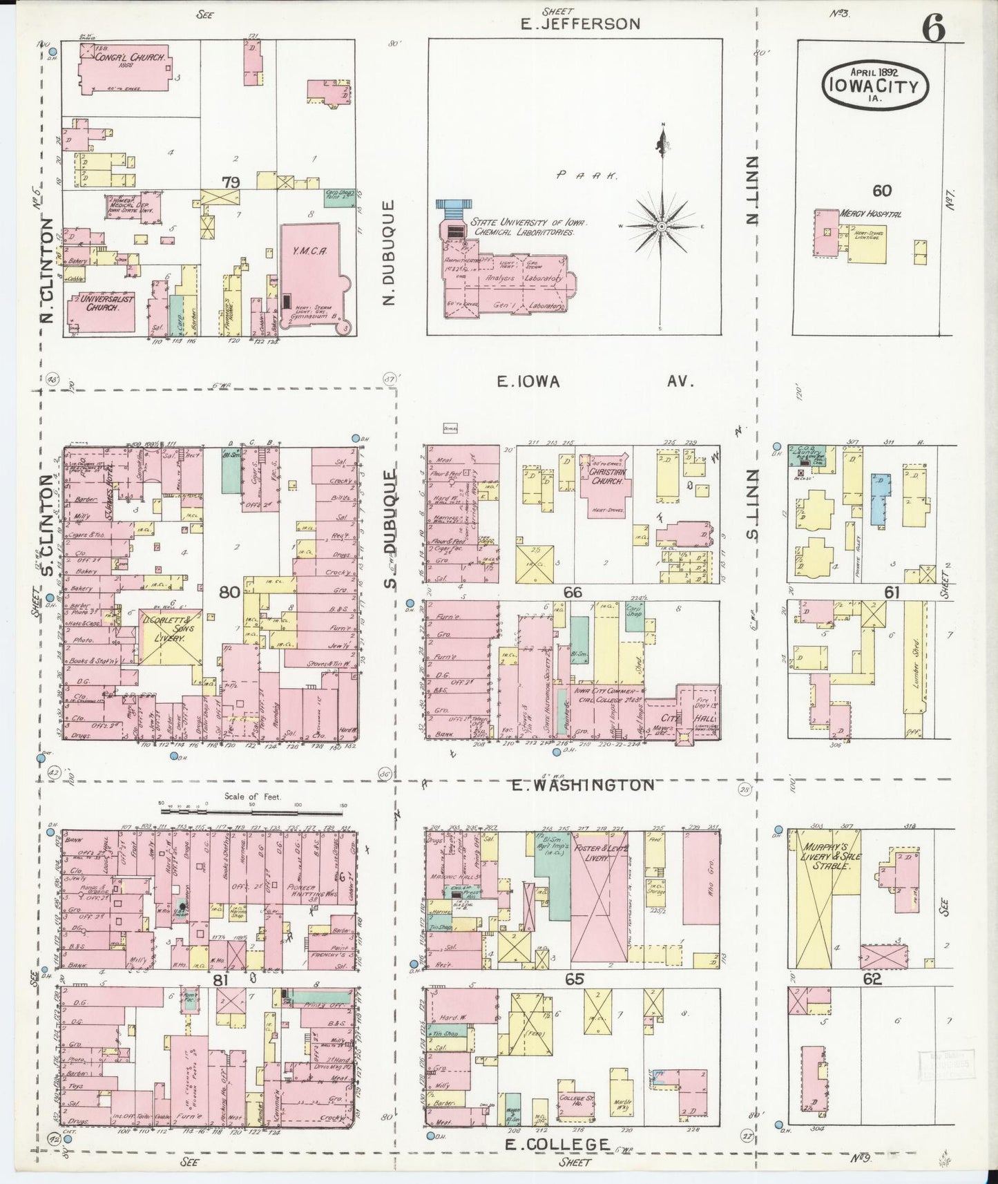 Sanborn Fire Insurance Map from Iowa City, Johnson County, Iowa (1892), Sheet #0006 - Historic Sanborn Fire Insurance Map Print, vintage old map wall art