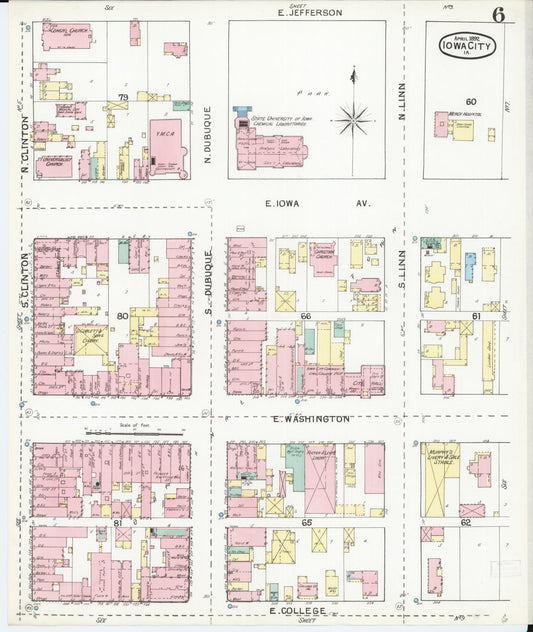 Sanborn Fire Insurance Map from Iowa City, Johnson County, Iowa (1892), Sheet #0006 - Historic Sanborn Fire Insurance Map Print, vintage old map wall art