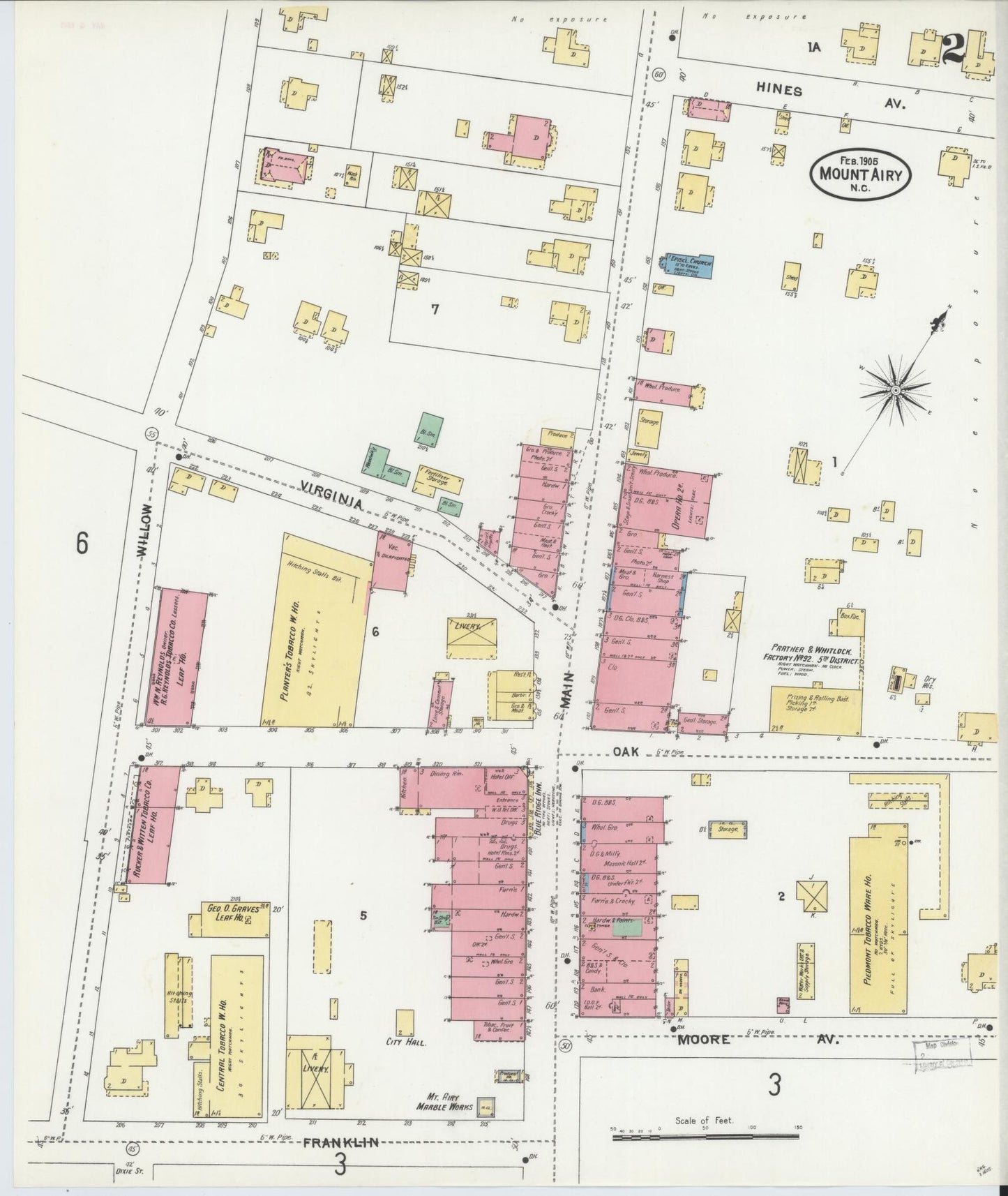 Sanborn Fire Insurance Map from Mount Airy, Surry County, North Carolina (1905), Sheet #0002 - Complete Map Set gallery image, historic Sanborn map, vintage wall art, North Carolina North Carolina