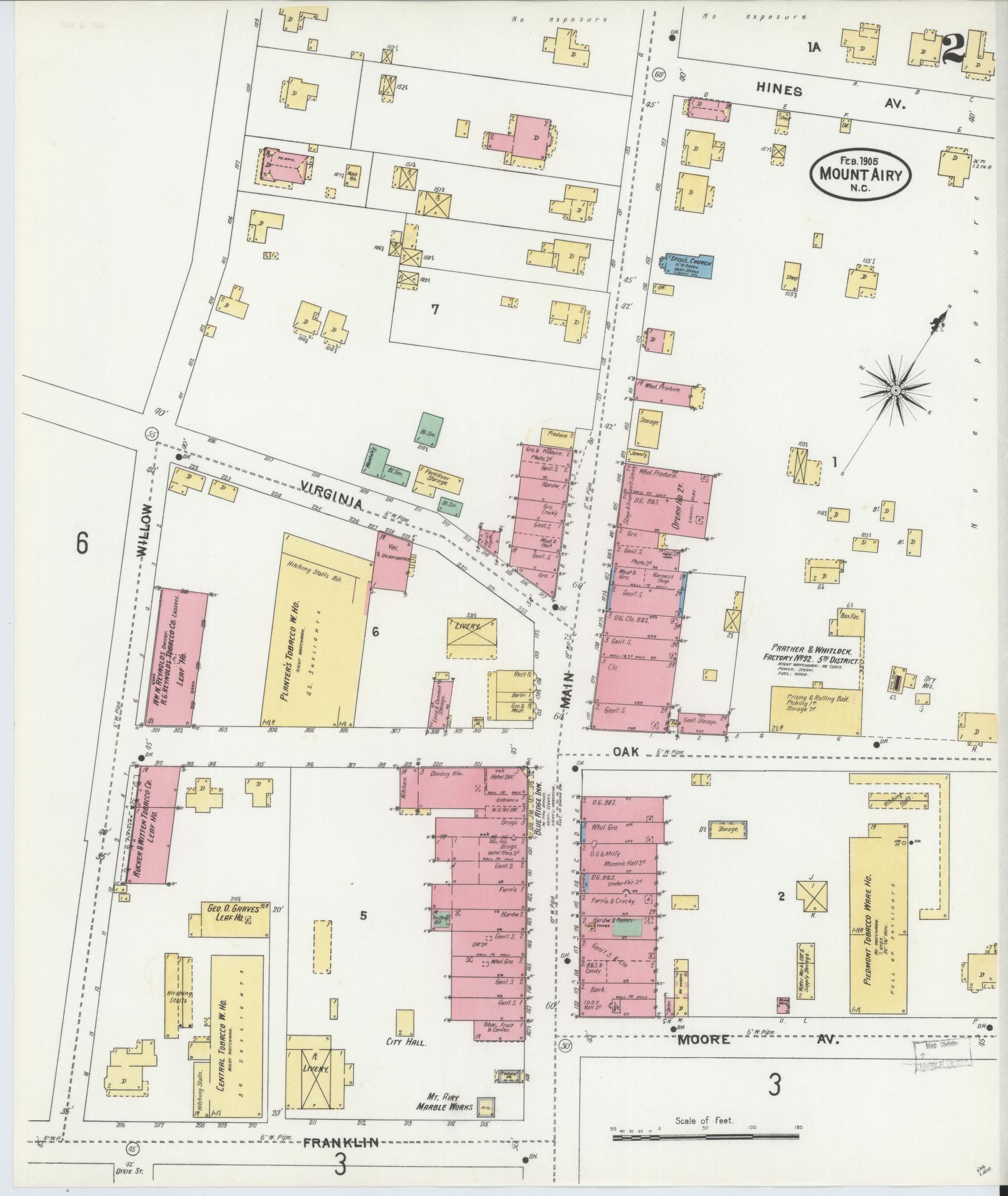 Sanborn Fire Insurance Map from Mount Airy, Surry County, North Carolina (1905), Sheet #0002 - Complete Map Set gallery image, historic Sanborn map, vintage wall art, North Carolina North Carolina
