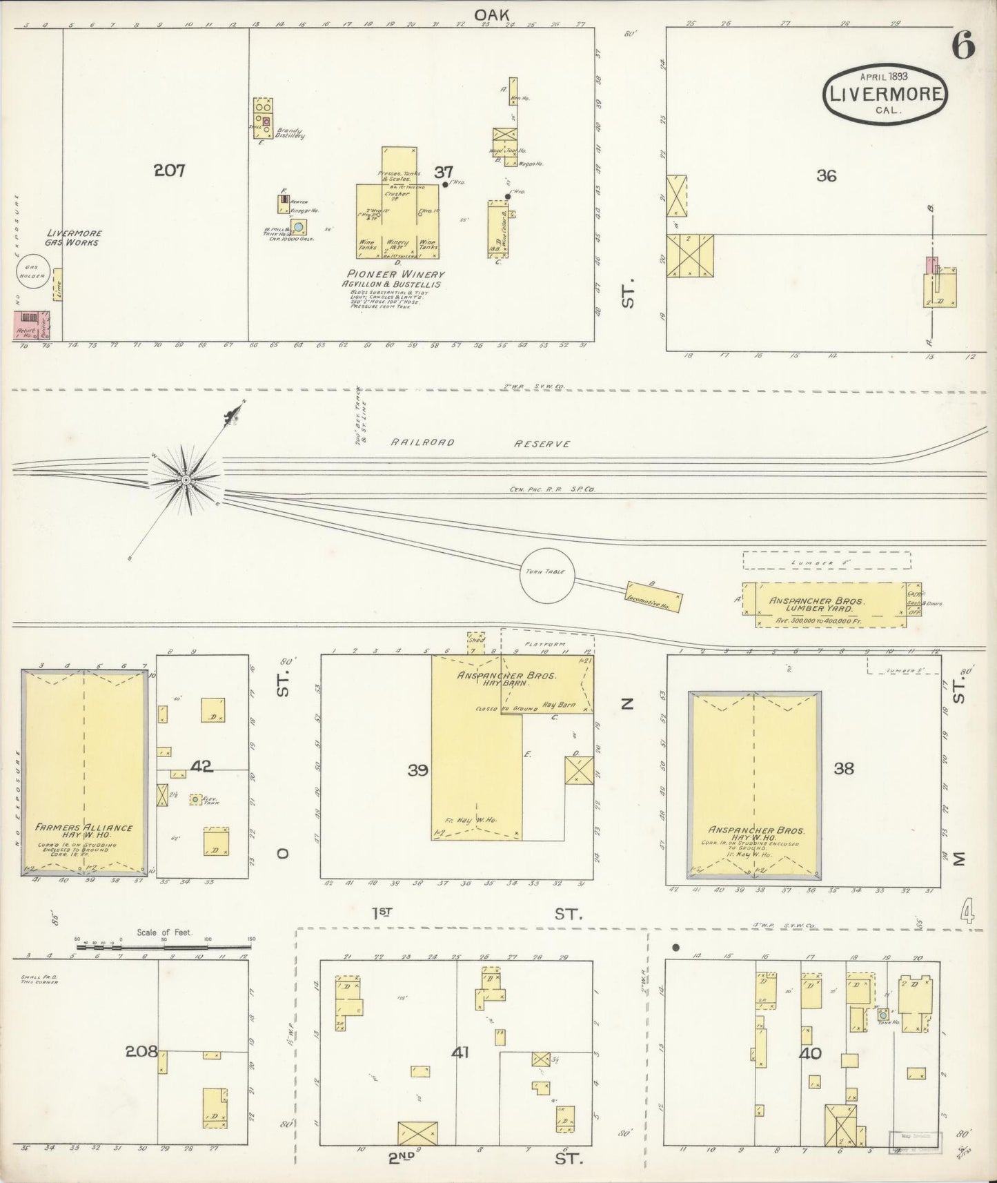 Sanborn Fire Insurance Map from Livermore, Alameda County, California (1893), Sheet #0006 - Historic Sanborn Fire Insurance Map Print, vintage old map wall art, antique decor, genealogy gift, California California map