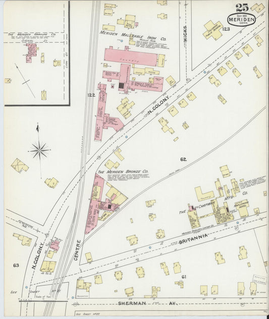 Sanborn Fire Insurance Map from Meriden, New Haven County, Connecticut (1891), Sheet #0025 - Historic Sanborn Fire Insurance Map Print, vintage old map wall art, antique decor, genealogy gift, Connecticut Connecticut map