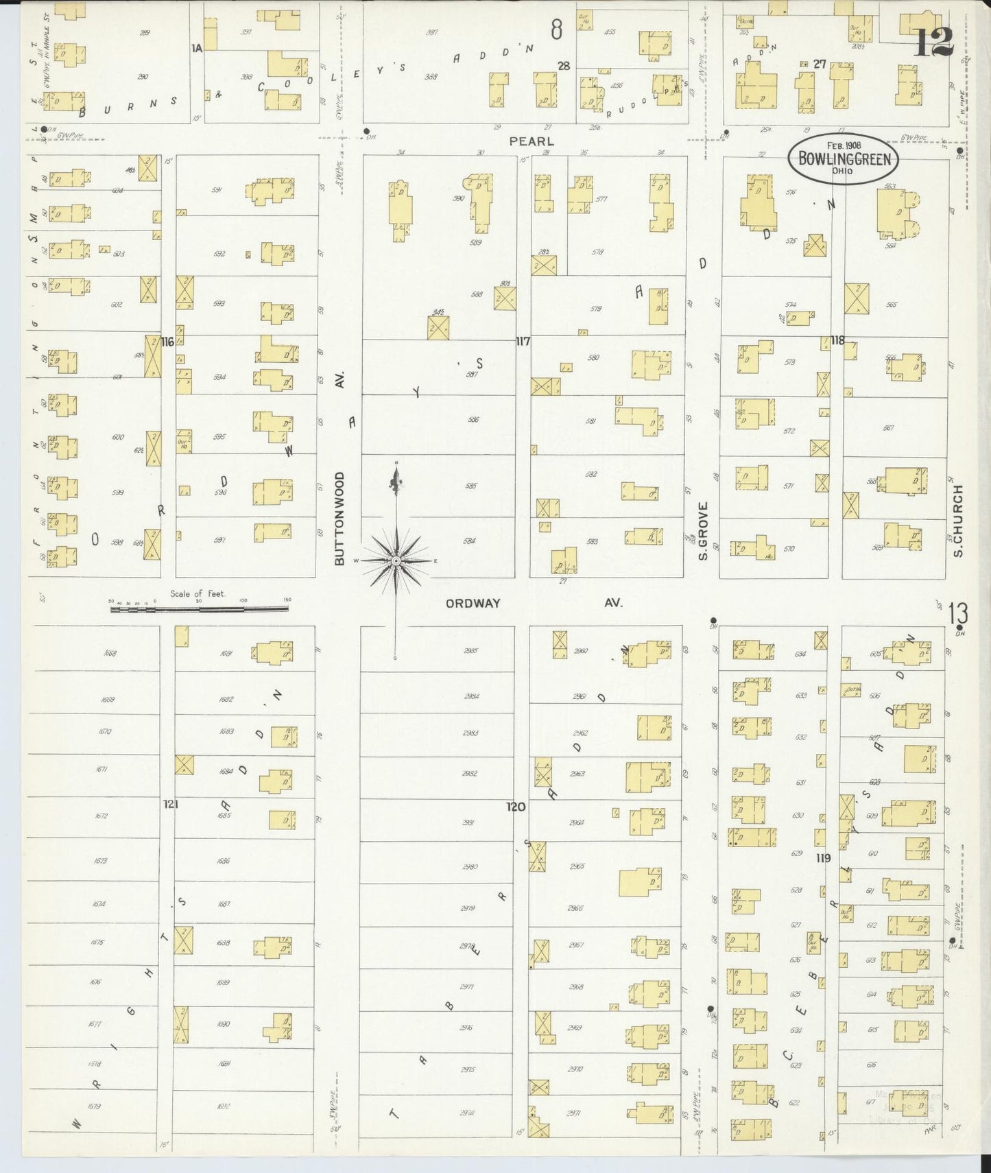 Sanborn Fire Insurance Map from Bowling Green, Wood County, Ohio (1908), Sheet #0012 - Historic Sanborn Fire Insurance Map Print, vintage old map wall art, antique decor, genealogy gift, Ohio Ohio map
