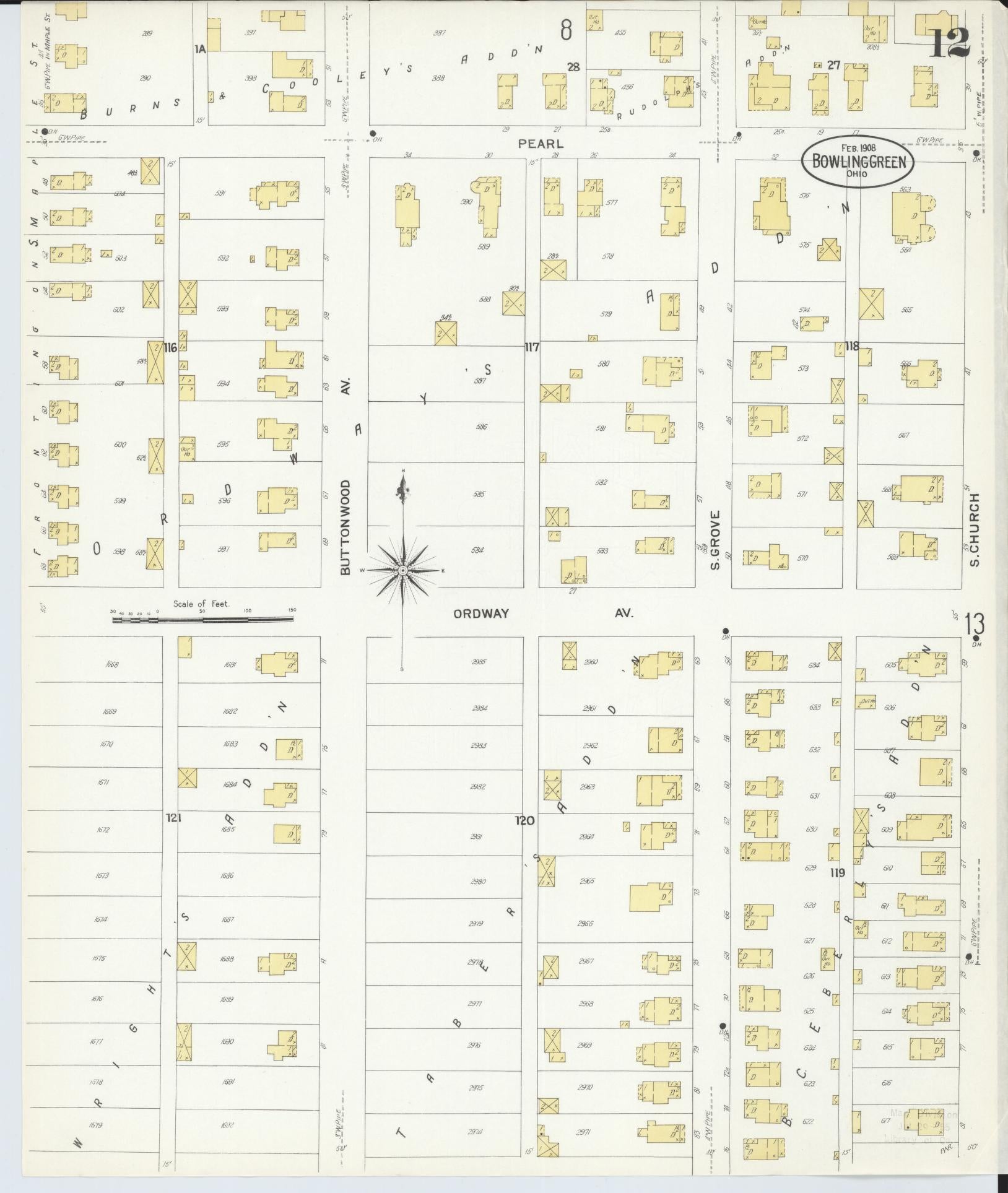 Sanborn Fire Insurance Map from Bowling Green, Wood County, Ohio (1908), Sheet #0012 - Historic Sanborn Fire Insurance Map Print, vintage old map wall art, antique decor, genealogy gift, Ohio Ohio map